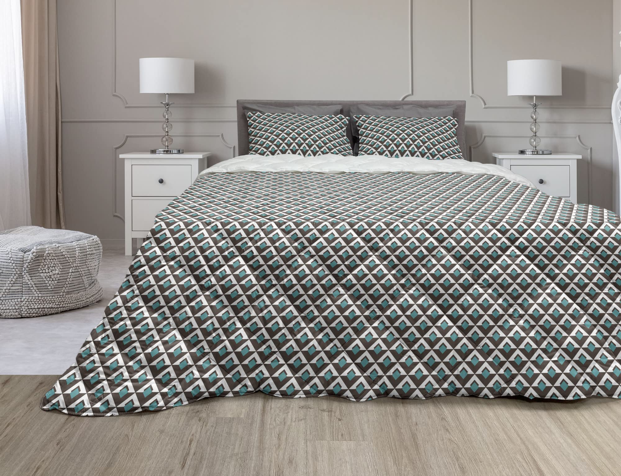 Ambesonne Geometric Comforter & Sham Bedding Set - Modern Abstract Design, TwinXL Size, Microfiber Filling, Dark Taupe & Cadet Blue - Perfect for Contemporary Bedrooms & Guest Rooms