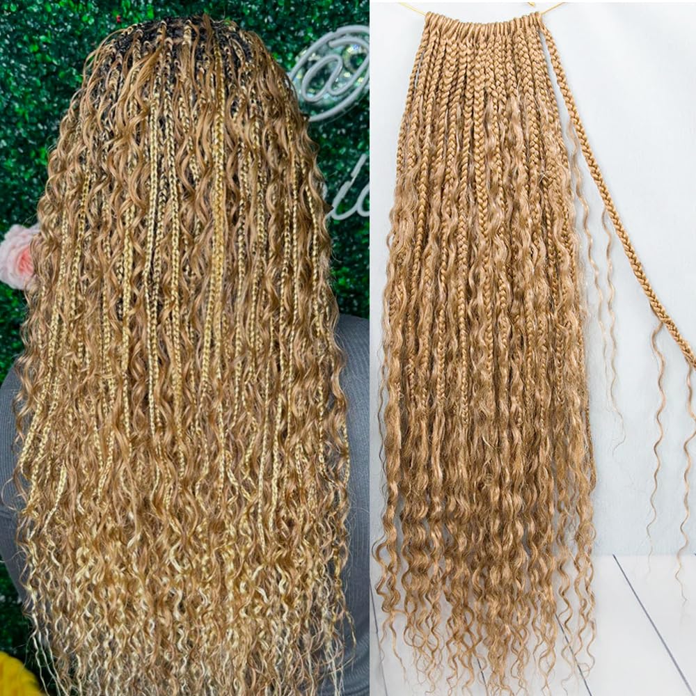 Honey Blonde #27 Crochet Boho Braids with Human Hair Curls - 24 Inch Pre-looped Box Braids with Curly Ends (80 Strands) - Perfect for Boho Chic, Festival, and Everyday Protective Hairstyles
