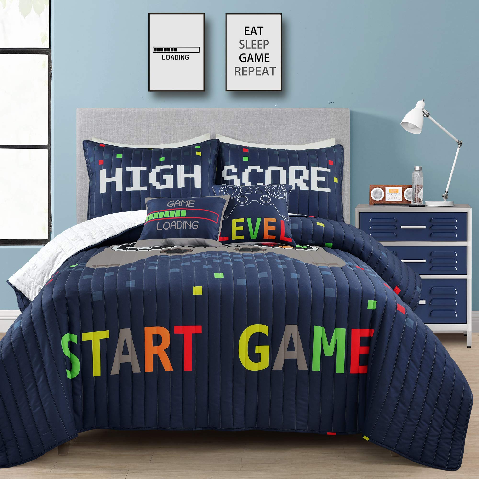 Lush Decor Video Games 5-Piece Quilt Set, Full/Queen Size, Navy Blue - Perfect for Gamer Bedrooms & Cozy Living Spaces