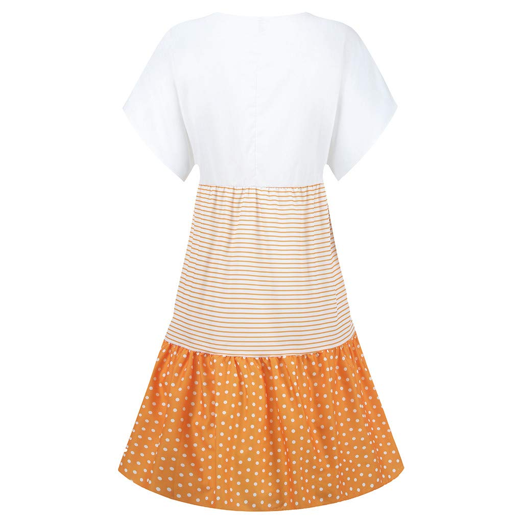 RKSTN Women's Summer Casual Loose Midi Dress - Striped Dot Patchwork Plus Size Flowy Dress for Beach, Vacation & Everyday Wear