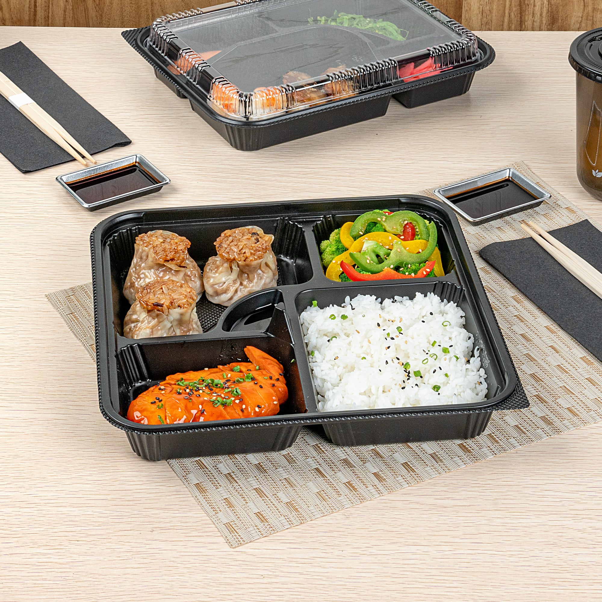 Bento Tek 40 oz Square Black Plastic Bento Box - 5 Compartments, Microwave Safe, Reusable Lunch Container (10.5