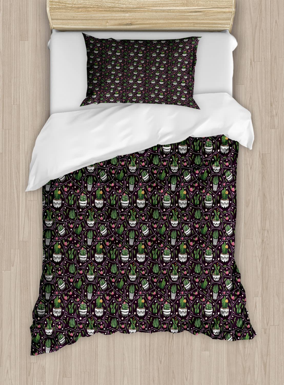 Ambesonne Queen Size Cactus Duvet Cover Set - 2 Pack Geometric Floral Succulent Design with Flower Pots & Hearts, Includes 2 Duvet Covers & 4 Pillowcases, Multicolor Bedding for Boho Chic & Modern Bedroom Decor
