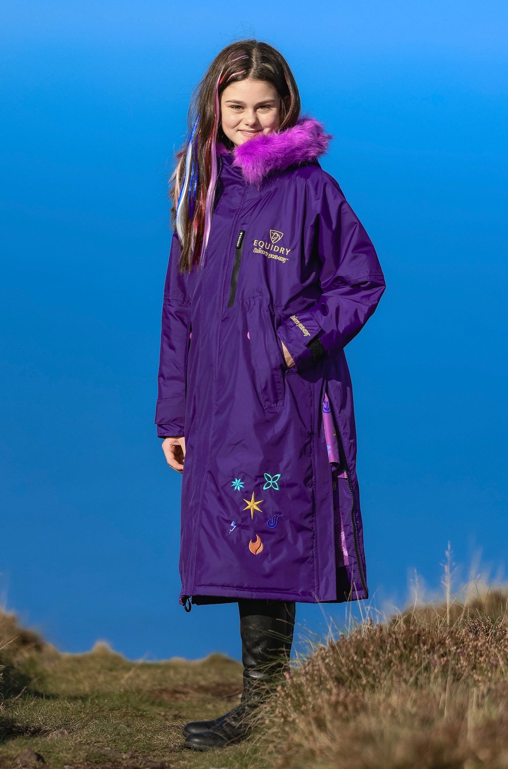 Unicorn Academy Thick Fleece Jacket with Fur Hood - Purple/Violet | Warm Winter Coat for Kids, Girls & Teens | Perfect for School, Outdoor Play & Cold Weather Fashion