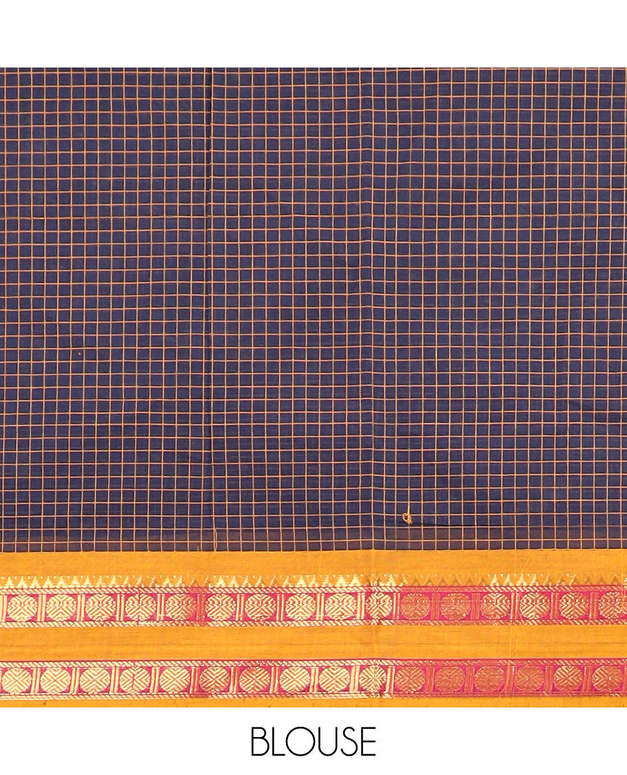 Blue Checked Cotton Saree with Traditional Zari Border & Pallu - Elegant Indian Ethnic Wear for Weddings, Festivals & Special Occasions