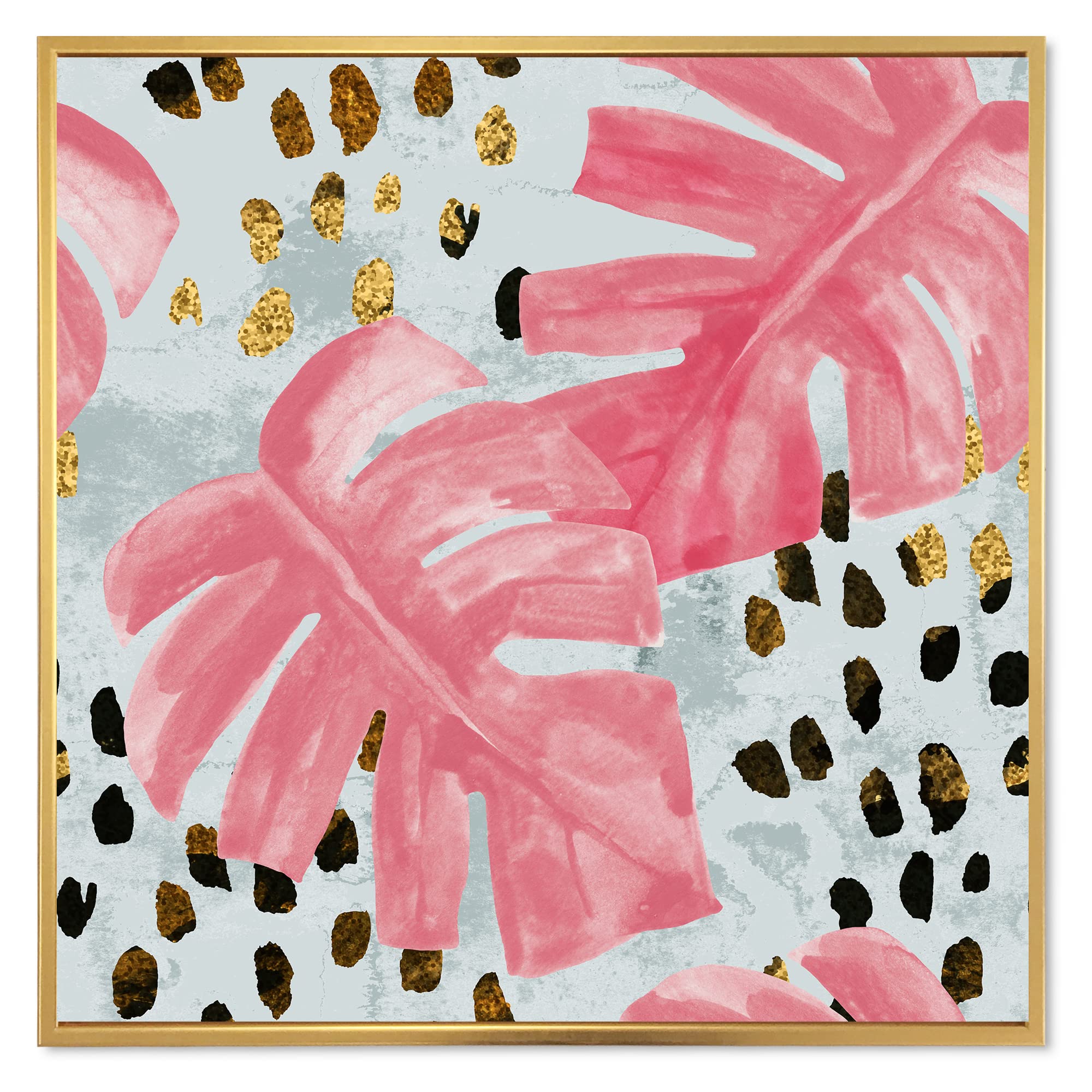 DesignQ Pink Monstera Leaf Tropical Wall Art - Framed Canvas Print with Rough Brush Strokes for Home & Office Decor