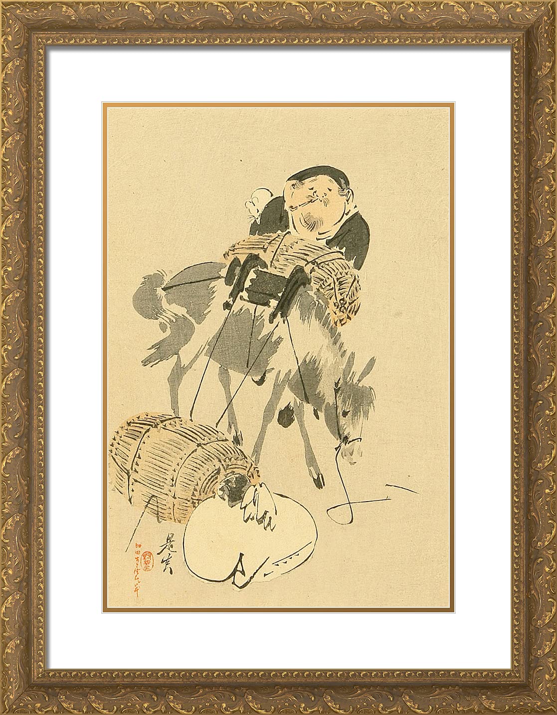 ArtDirect Zeshin Shibata 19x24 Inch Gold Ornate Framed Wall Art Print with Double Matting - Daikoku and Mouse Japanese Mythology Decor for Living Room, Office & Home
