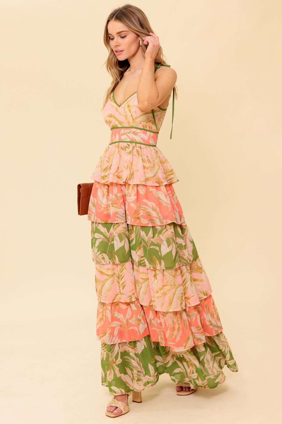 FEELS LIKE HOME TIERED MAXI DRESS in Peach & Green - Perfect for Summer Vacations, Beach Weddings & Boho Chic Outfits