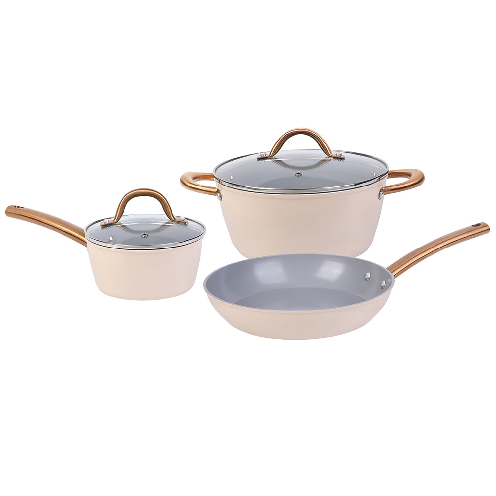 EasyCook Almond & Bronze Ceramic Non-Stick Cookware Set - 3 Piece Kitchen Essentials for Healthy Cooking | Perfect for Frying, Sautéing & Baking | Dishwasher Safe & PFOA-Free