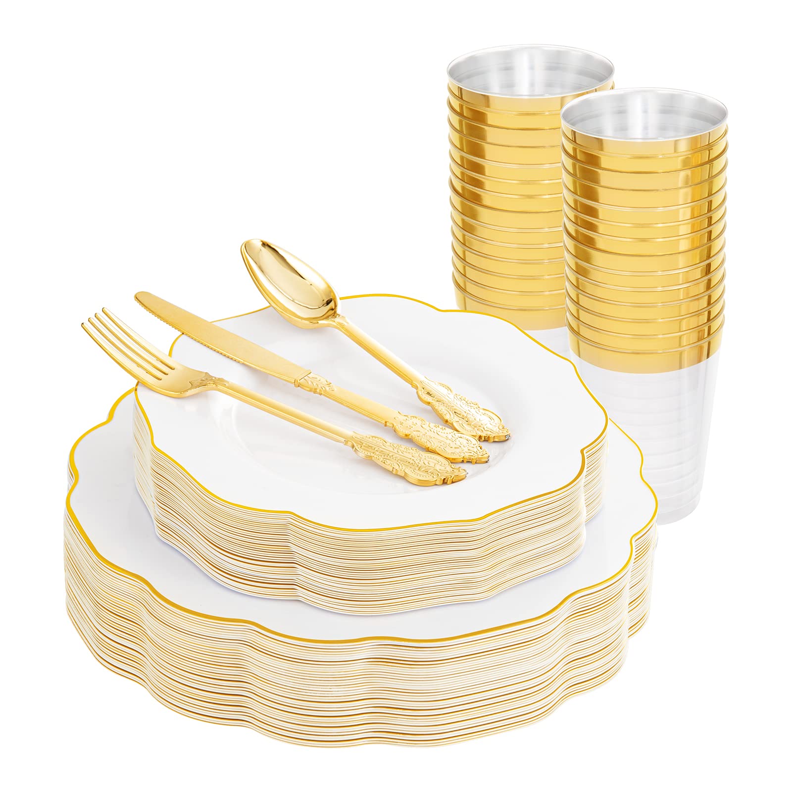 180-Piece Gold Plastic Dinnerware Set - 30 Dinner Plates, 30 Salad Plates, 30 Forks, 30 Knives, 30 Spoons & 30 Cups - Disposable Plastic Cutlery for Wedding, Party & Outdoor Events