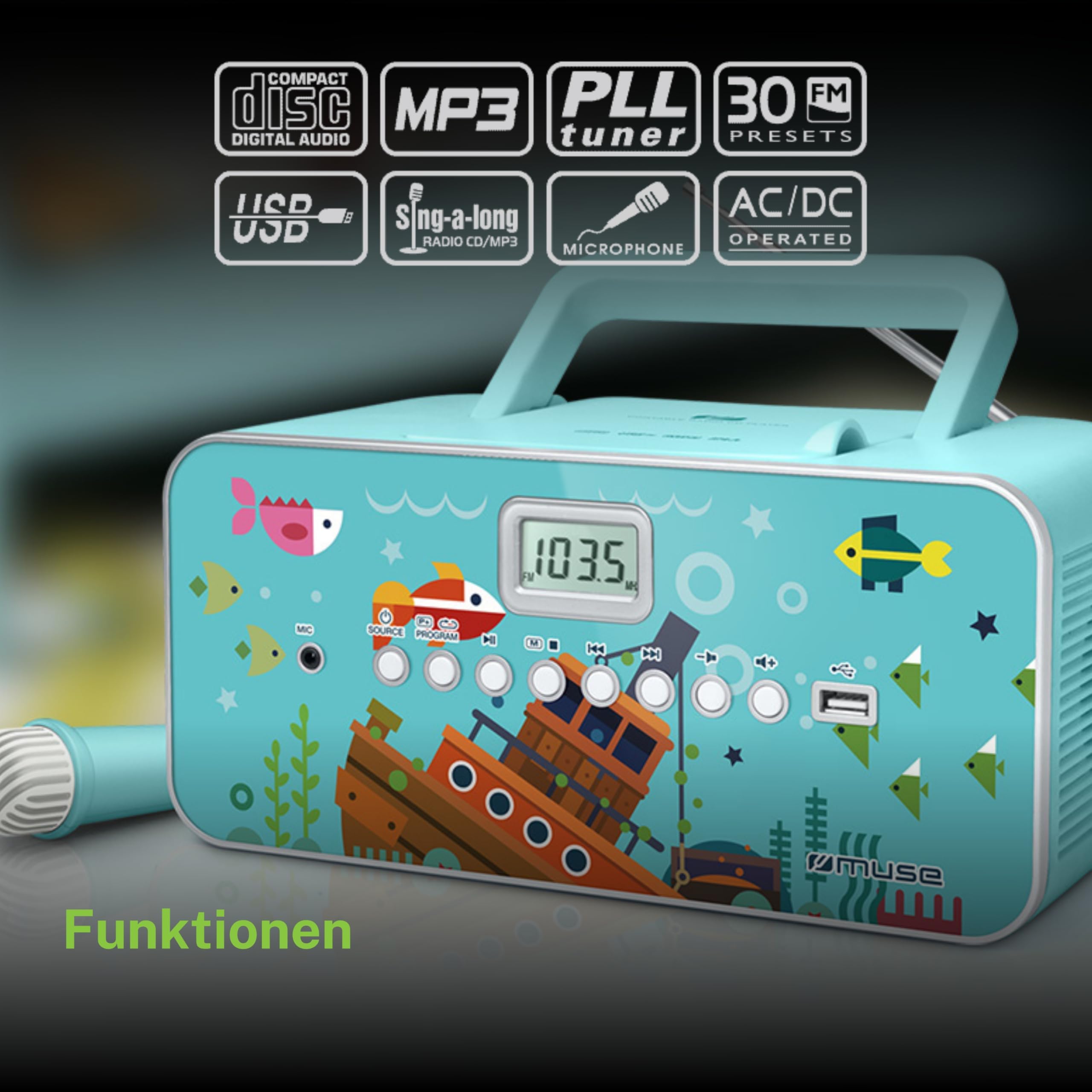 Muse M-29 Portable CD/MP3 Player with FM Radio - Multi-Colored Retro Boombox for Home, Office & Outdoor Use