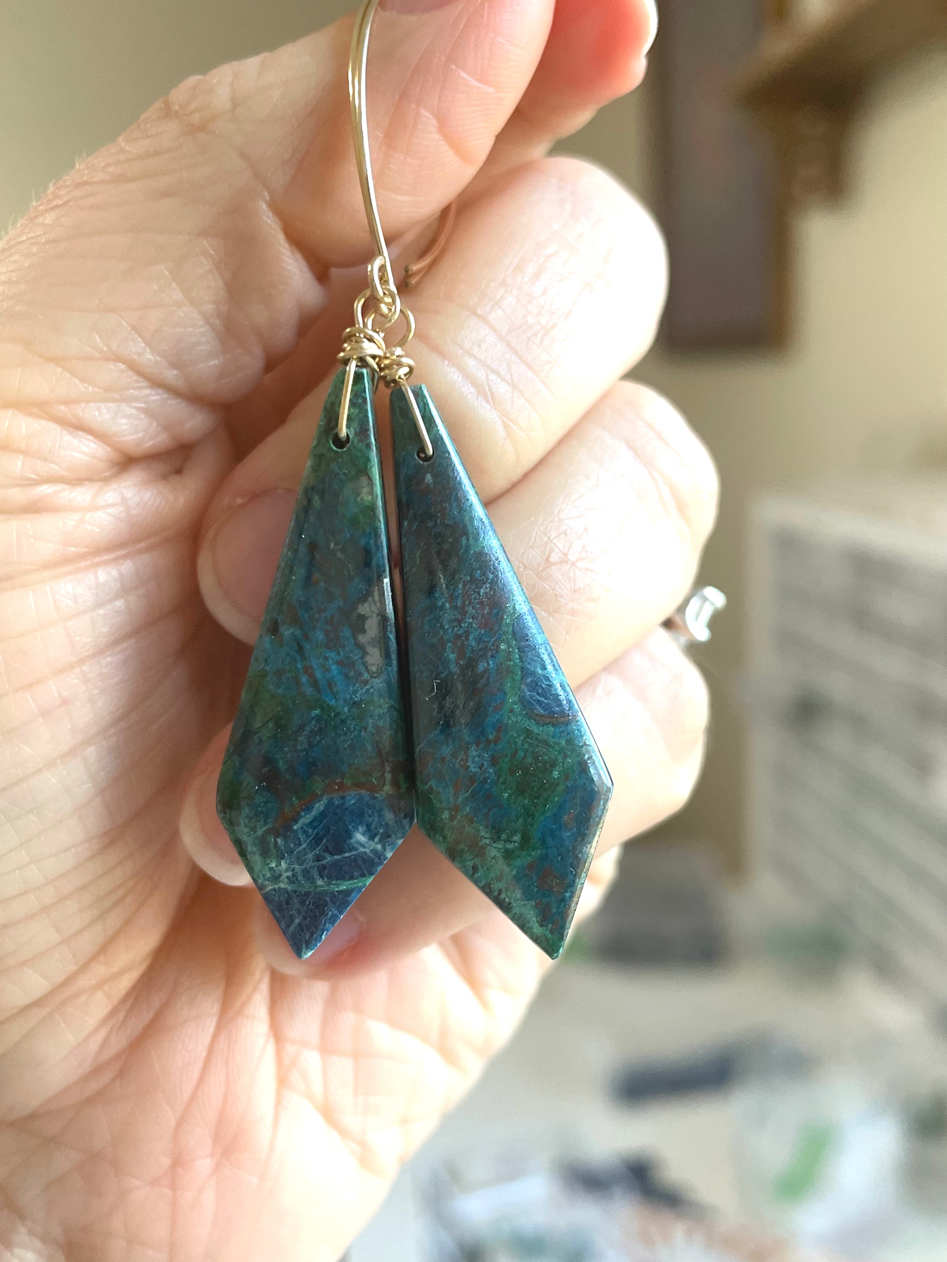 Chrysocolla Gold Filled Statement Crystal Gemstone Earrings for Women | Elegant Bohemian Jewelry for Parties, Weddings & Special Occasions