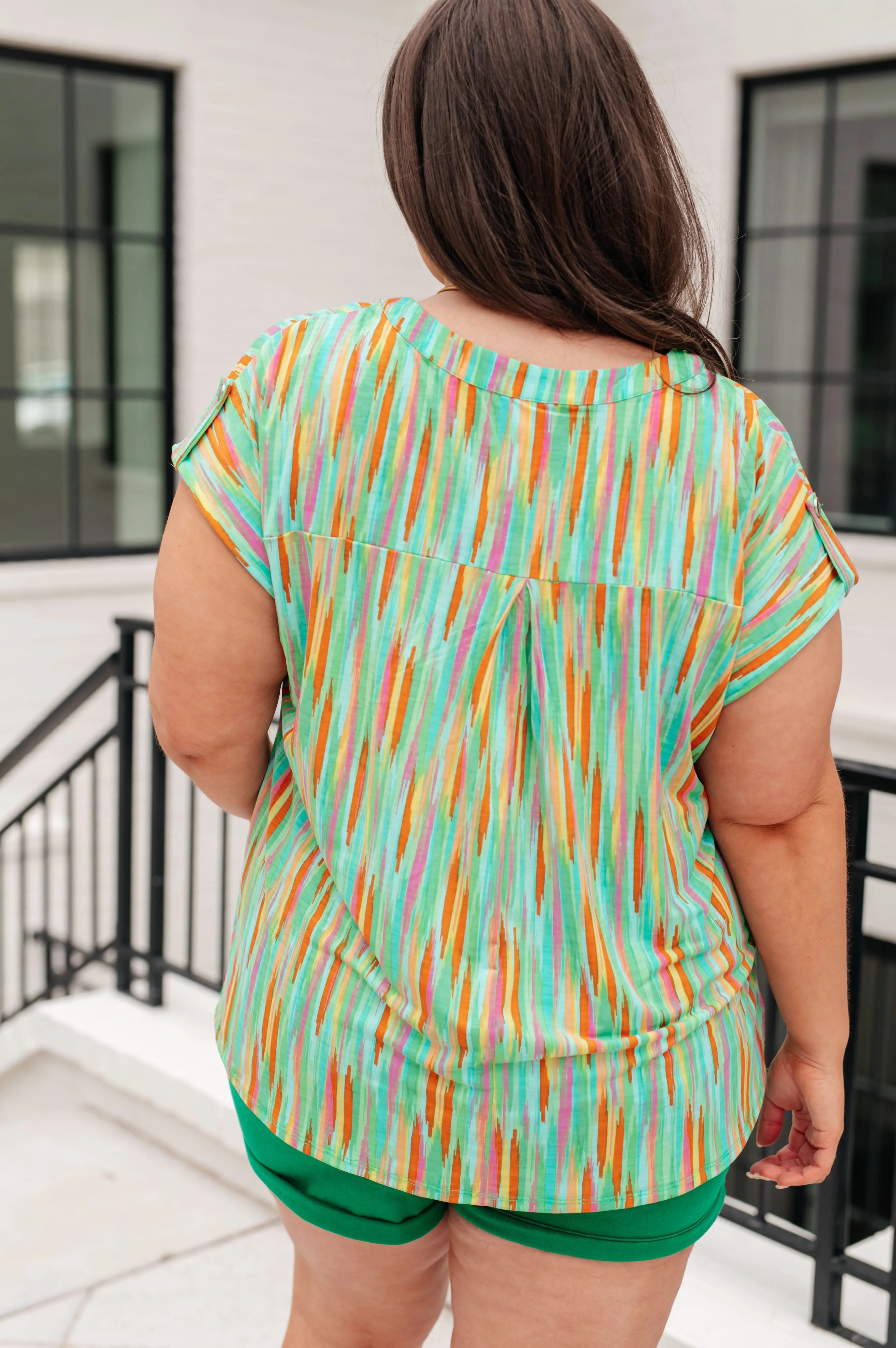 Lizzy Cap Sleeve Top - Lime & Emerald Striped Women's Blouse | Perfect for Summer Outfits, Casual Wear & Office Attire