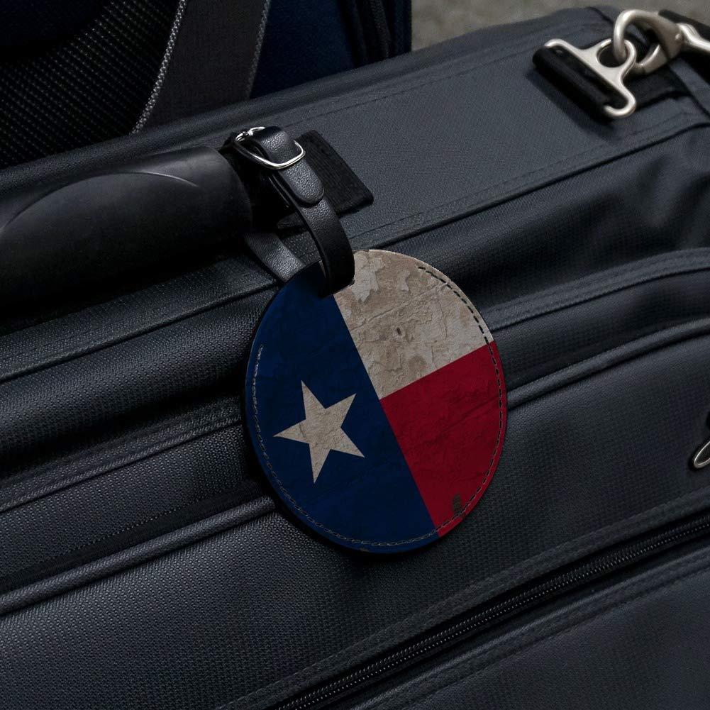 Vintage Distressed Texas State Flag Leather Luggage Tag - USA Made Round ID Card Holder for Travel Bags & Suitcases | Perfect for Travelers, Backpacks & Gift Giving