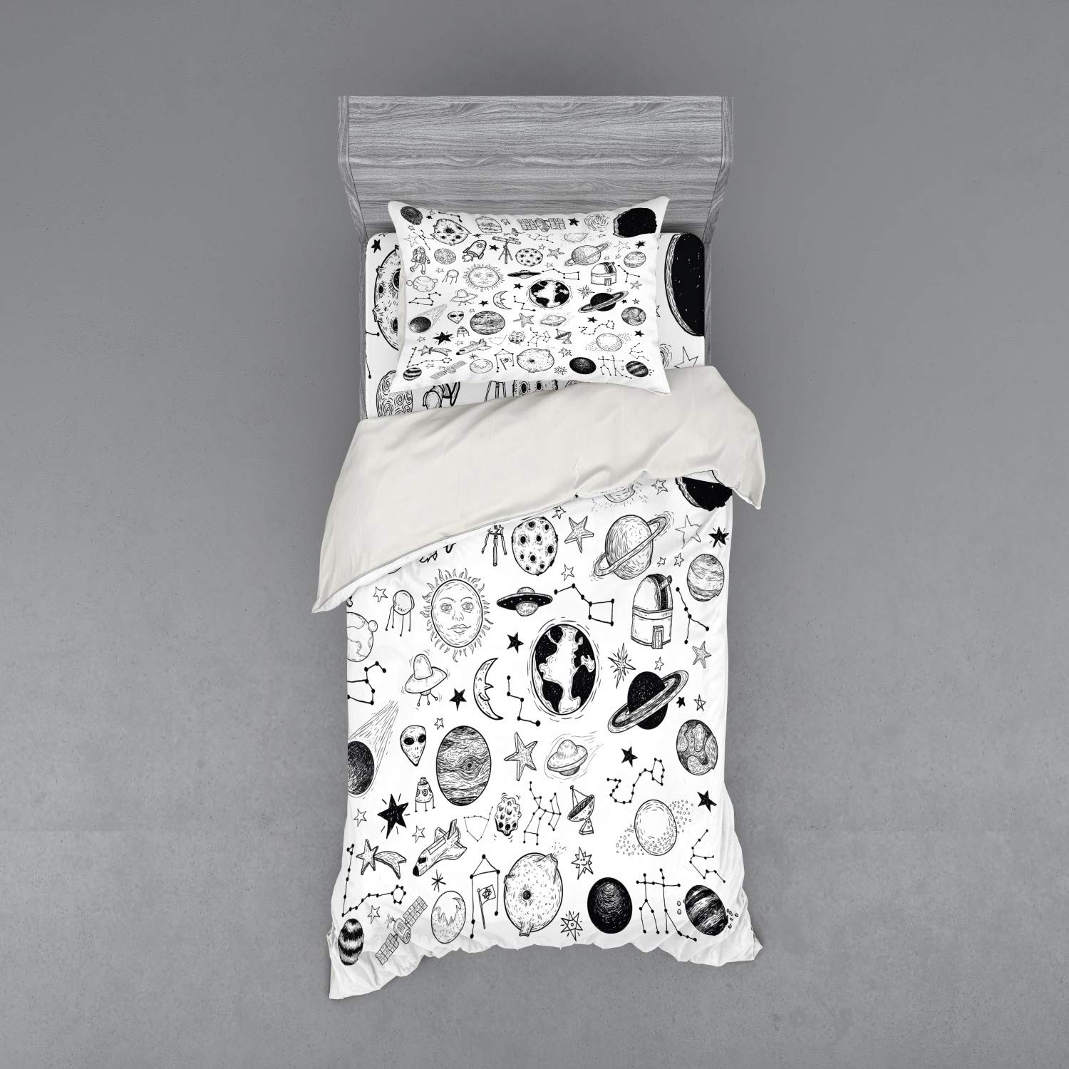 Ambesonne Cartoon Bedding Set - Hand Drawn Planets, Asteroids & Constellations Space Theme Duvet Cover 3 Piece Set with Pillow Sham & Fitted Sheet, Twin Size, Black & White - Perfect for Kids Room, Teen Bedroom & Space Enthusiasts