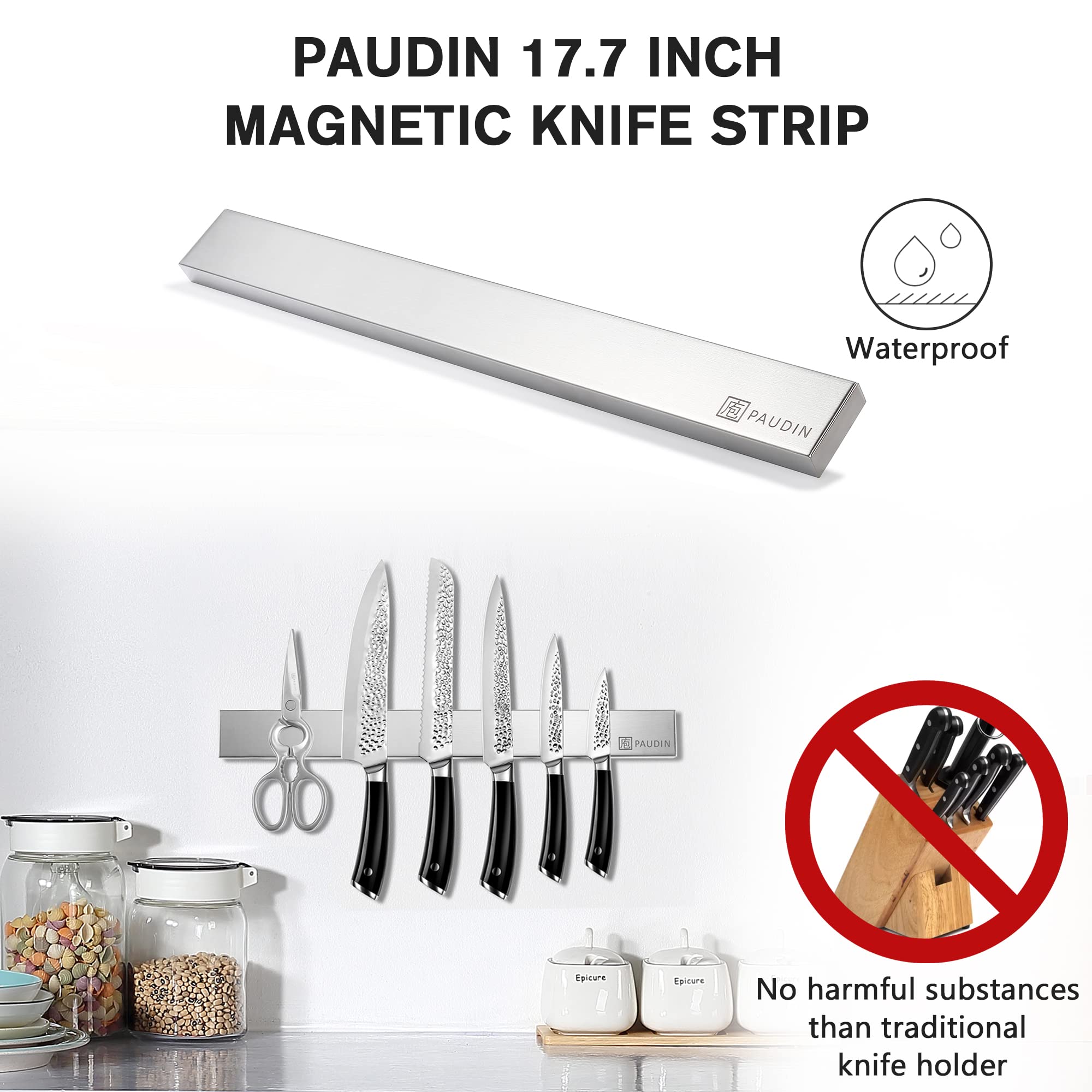 Paudin 17.7 Inch Magnetic Knife Bar - Wall Mount Stainless Steel Knife Holder & Organizer for Kitchen Knives, Utensils, Tools | Perfect for Home, Restaurant & Professional Chef Use