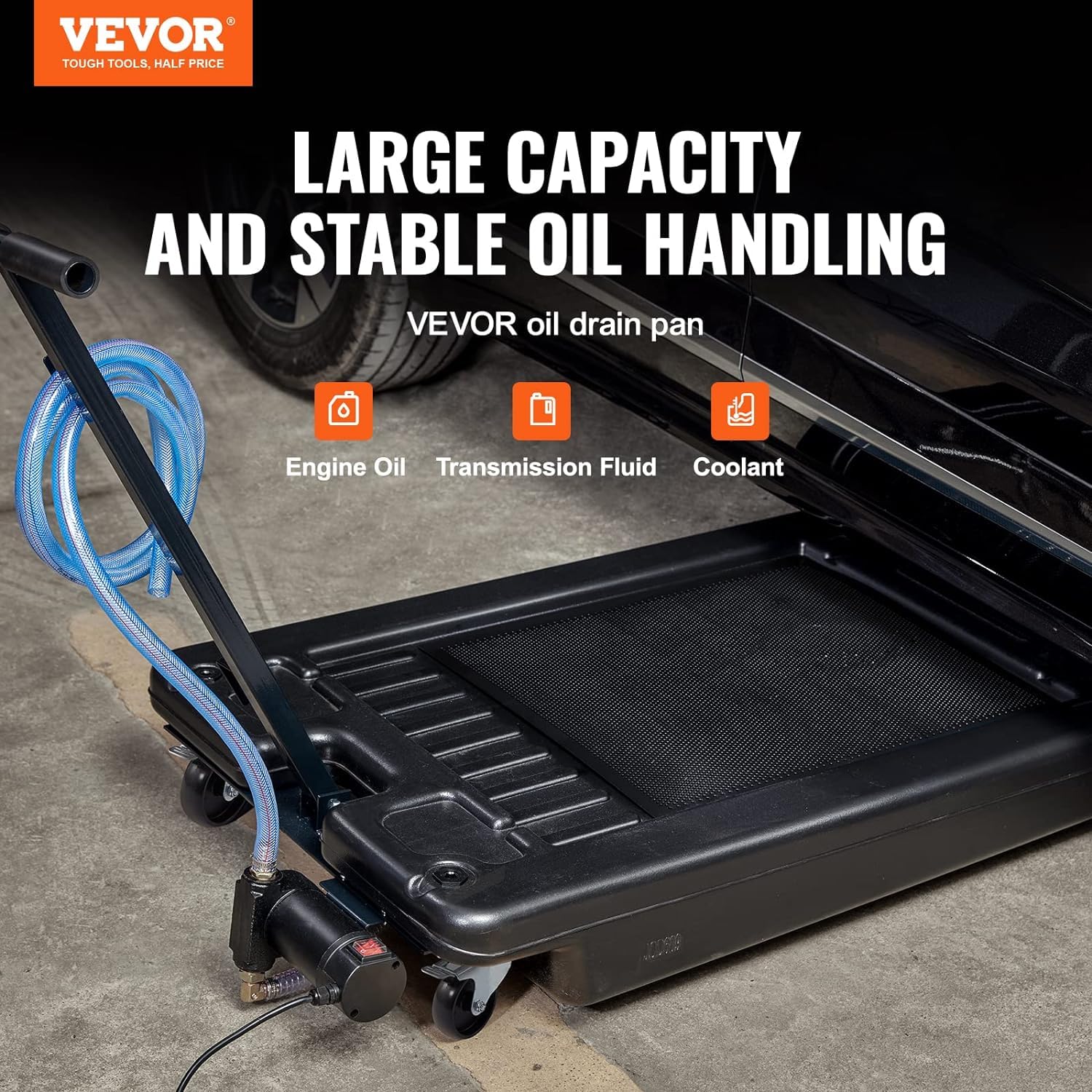 17 Gallon Oil Drain Pan with 180W Electric Pump - 64L Low Profile Oil Change Pan with 8.2' Hose & Swivel Casters for SUV, Truck, and Car Oil Changes - Perfect for DIY Auto Maintenance and Professional Garage Use