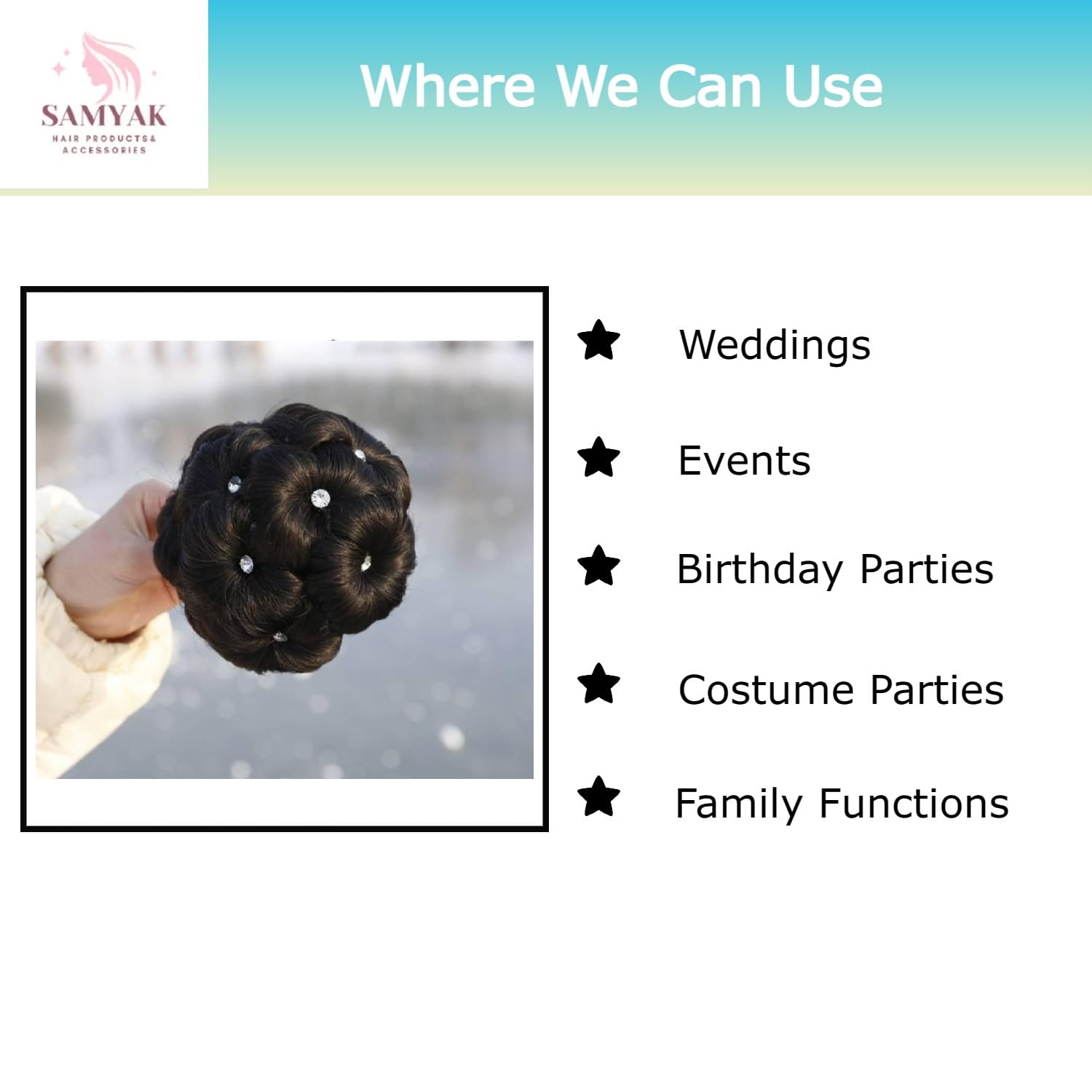 Samyak Studded Hair Bun - Synthetic Ready-Made Hairpiece for Party Hairstyles, Hair Volumizer Clip, Claw Bun Hair Extensions & Wigs (Black) - Perfect for Weddings, Prom, Cosplay & Special Occasions