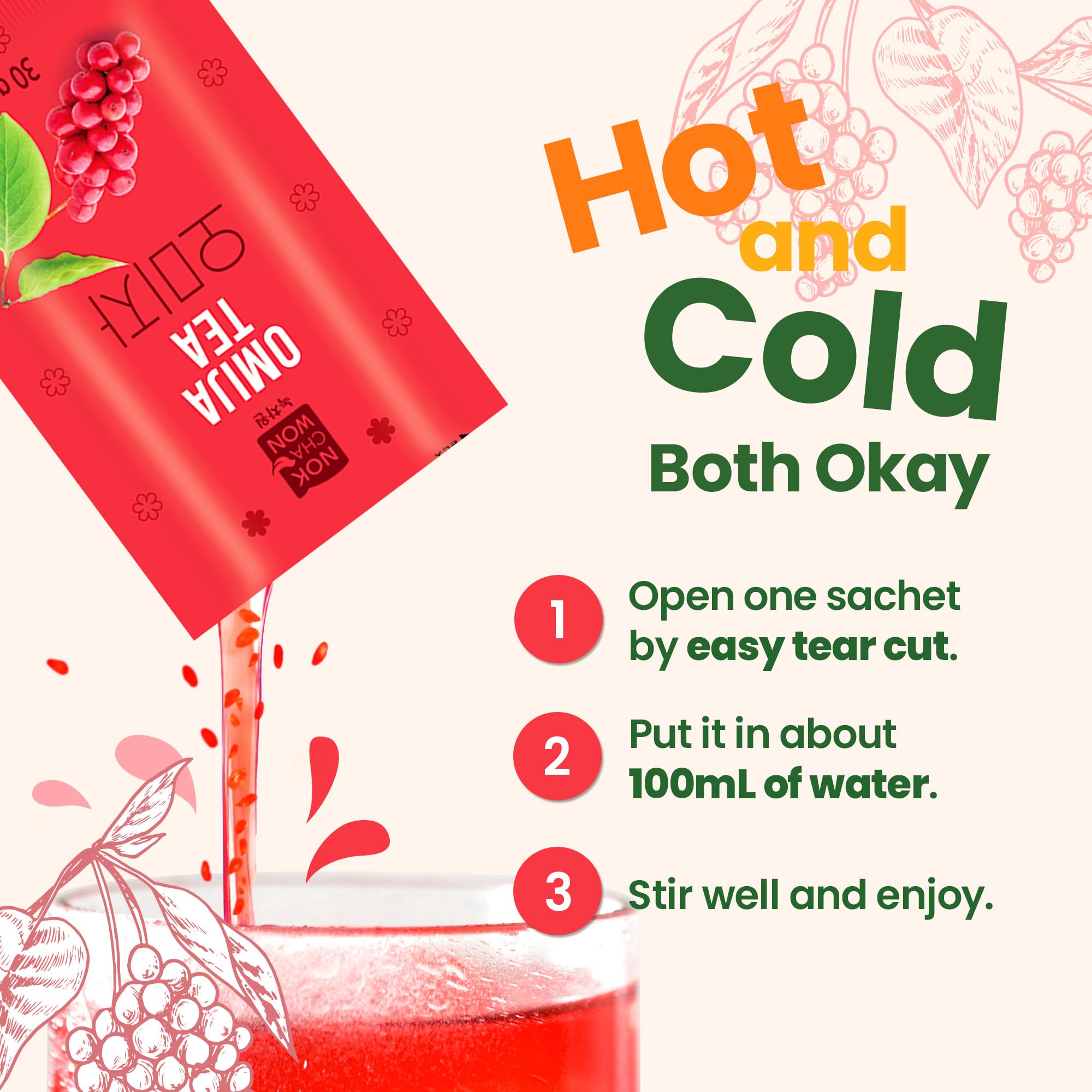 Premium Omija Tea - 25 Easy-Mix Liquid Sachets | Schisandra Berry Fruit Tea with Five Flavors | Refreshing Iced Berry Drink | Antioxidant-Rich Herbal Tea for Energy & Relaxation | Perfect for Home, Office & Wellness Routines