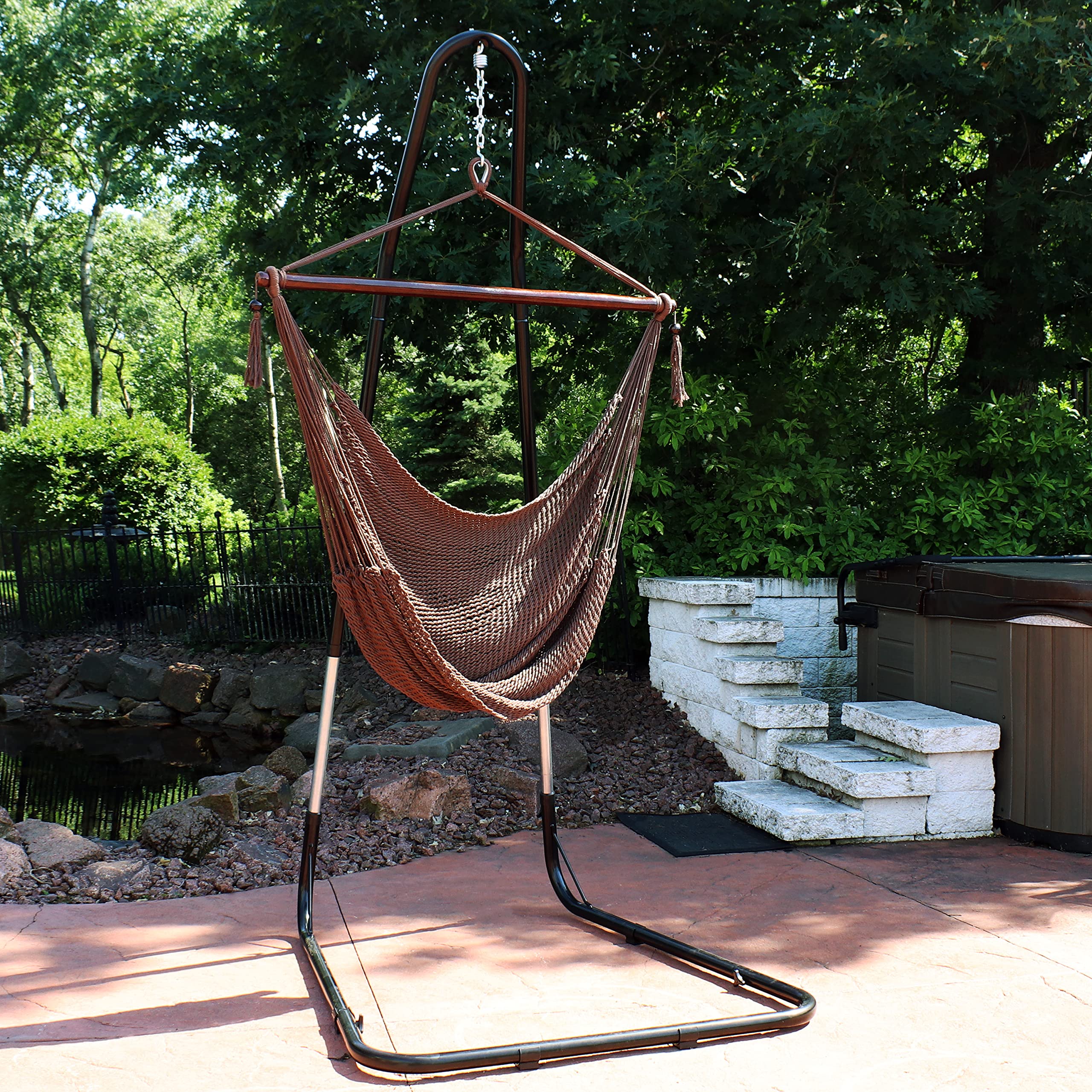 Sunnydaze Caribbean-Style Hanging Rope Hammock Chair Swing with Adjustable Stand - 300 lb Weight Capacity - Mocha Brown - Perfect for Patio, Backyard, Garden & Indoor Relaxation