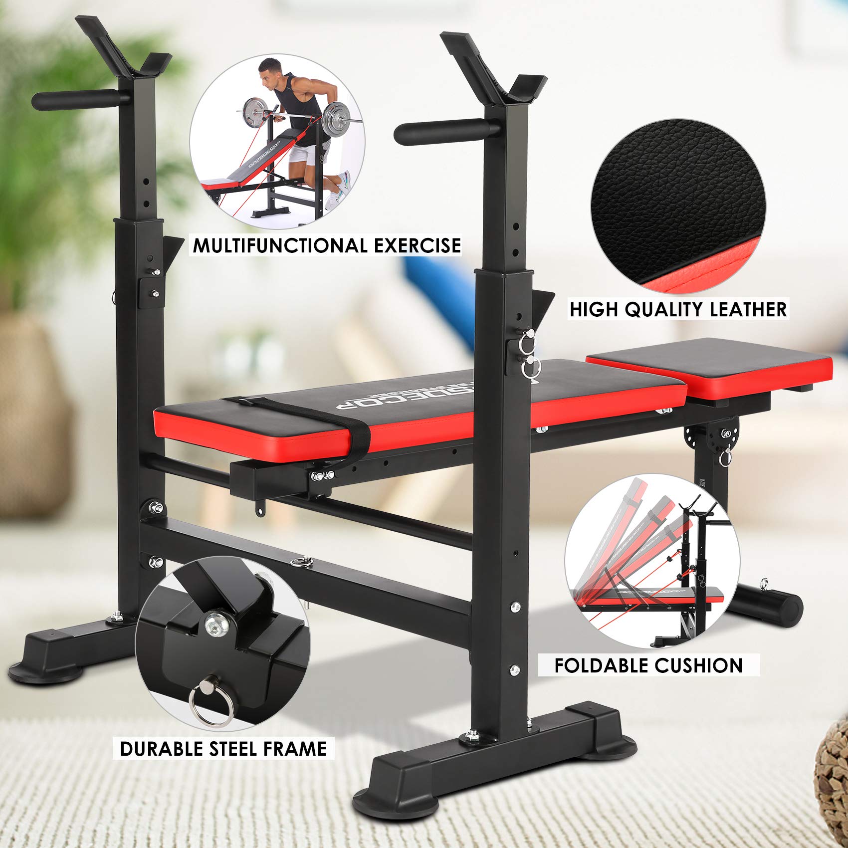 OPPSDECOR 8-in-1 650lbs Adjustable Weight Bench Press Set with Squat Rack, Olympic Workout Bench, Leg Developer & Preacher Curl - Foldable Home Gym Equipment for Strength Training & Full Body Workouts