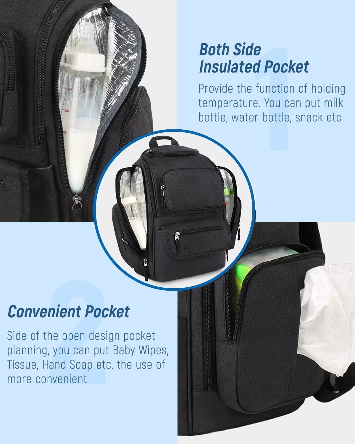 Mancro Diaper Bag Backpack for Men & Women - Large Waterproof Baby Bag with 2 Insulated Side Pockets, Stroller Straps & Travel-Friendly Design - Perfect for Daycare, Travel & On-the-Go Parents (Black)