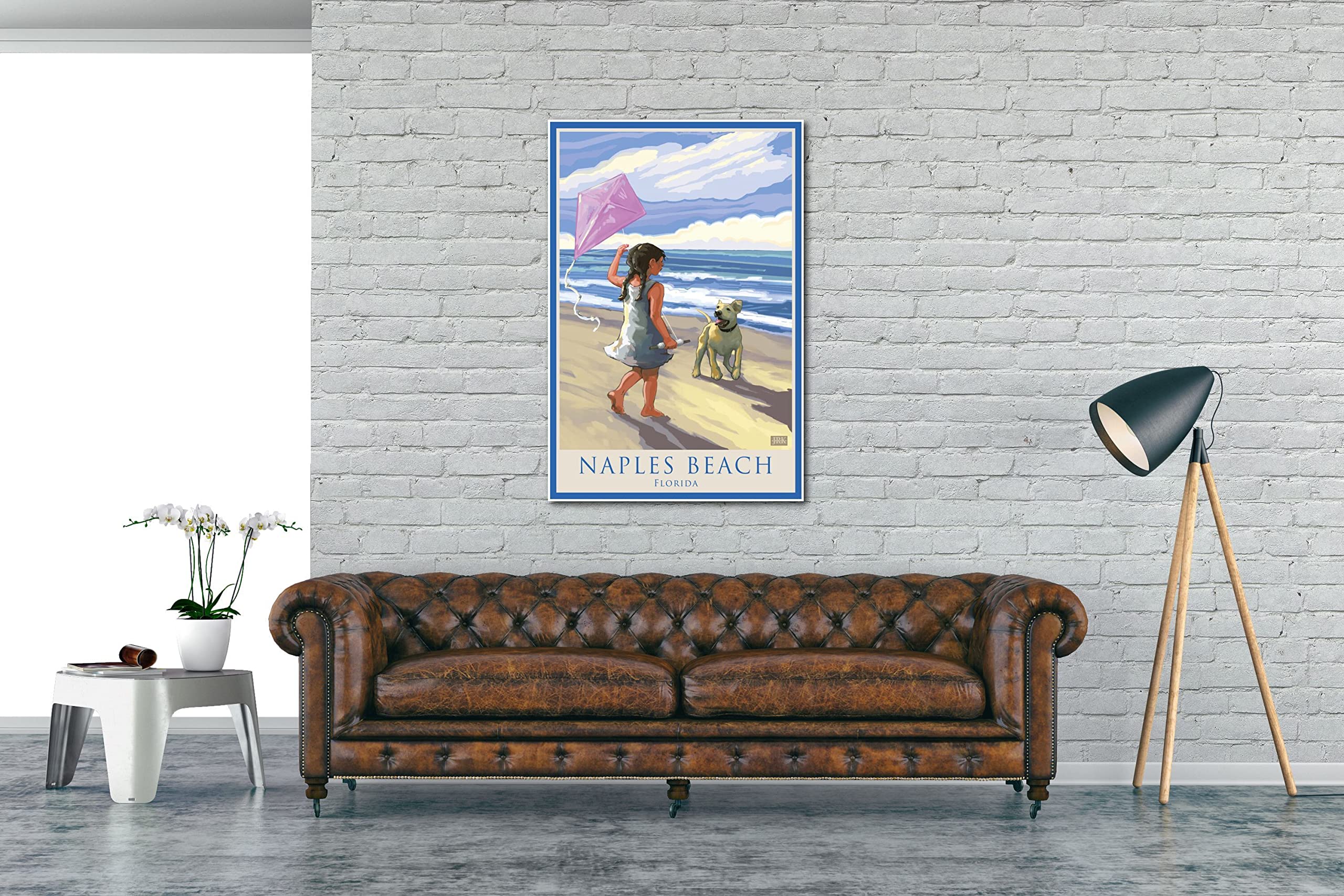 Florida Naples Beach Art Print - Girl, Dog & Kite Illustration by Joanne Kollman - 30x45 Inch Giclee Poster - Perfect for Beach House Decor, Living Room Wall Art & Coastal Themed Gifts