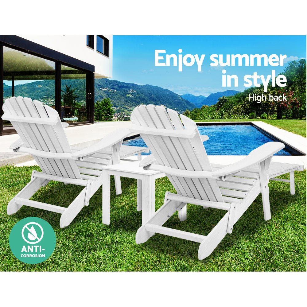 3-Piece White Wooden Adirondack Outdoor Table and Chairs Set - Perfect for Patio, Garden, Beach & Sun Lounge Relaxation