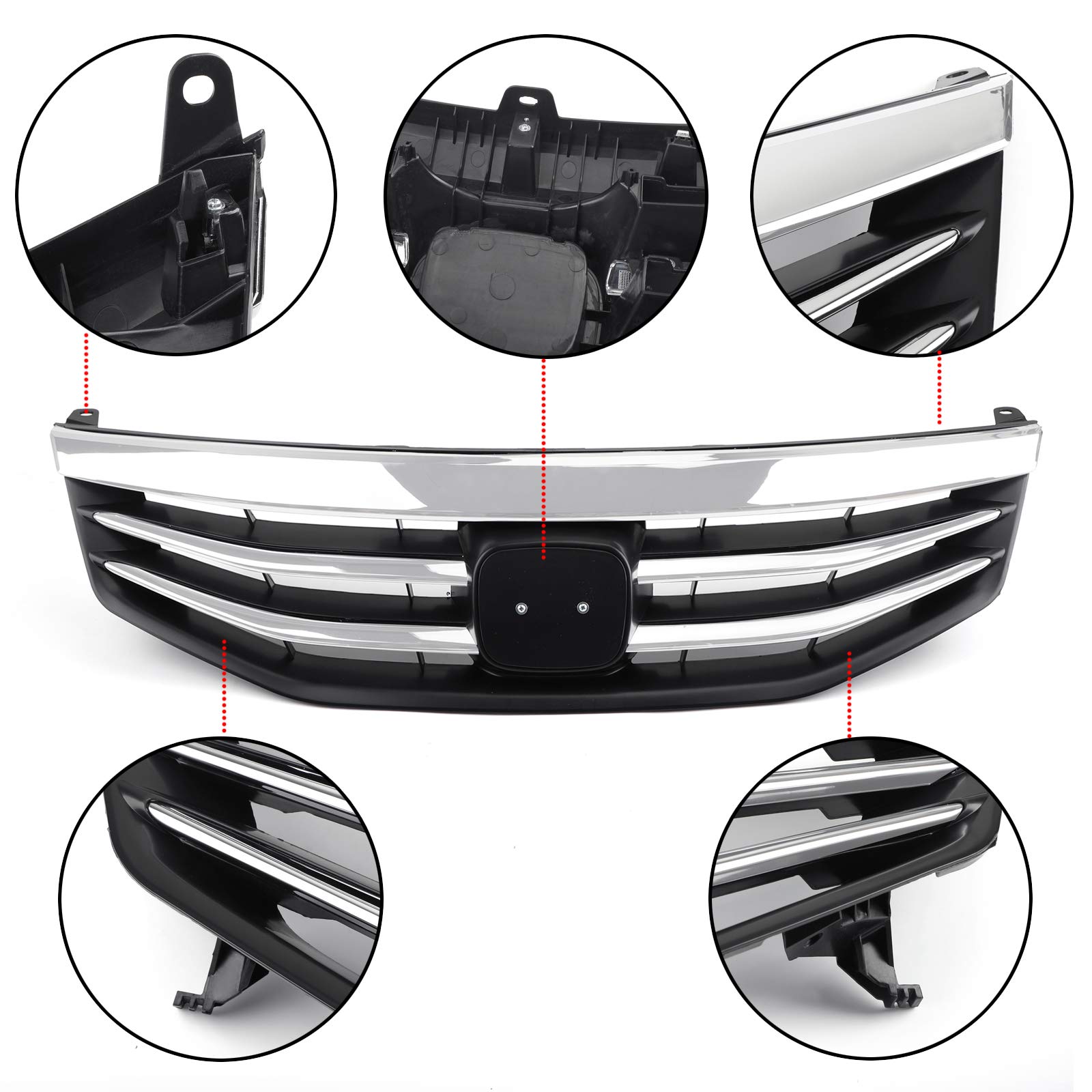 Topteng Front Bumper Grill - Black Chrome Upper Hood Grille Compatible with 2011-2012 Honda Accord | Car Exterior Styling & Protection Accessory for Enhanced Vehicle Appearance