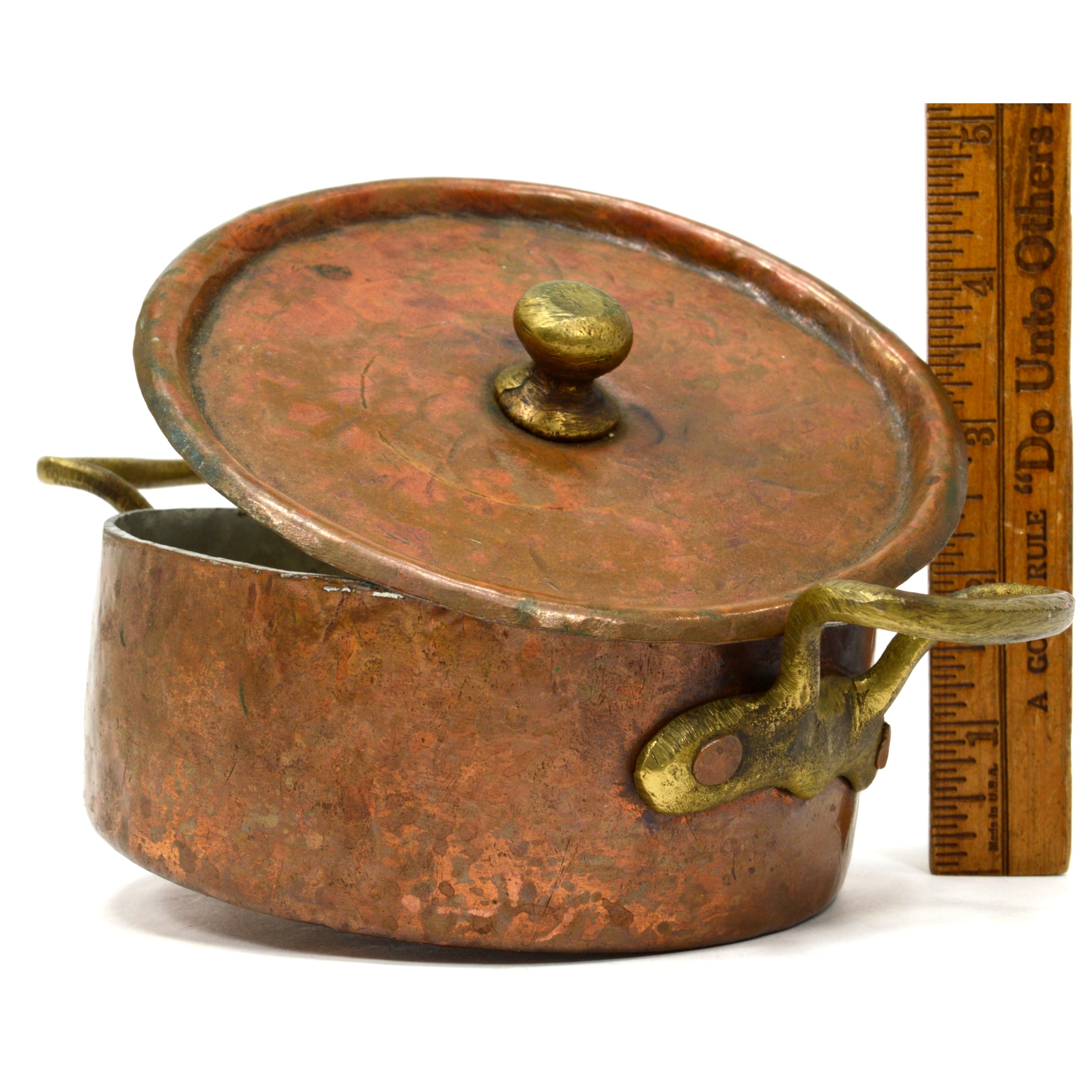 Vintage Copper & Tin Braising Pan - 5 Single Serve Bowls with Lid & 2 Brass Handles | Perfect for Asian Cooking, Hot Pot & Tabletop Serving