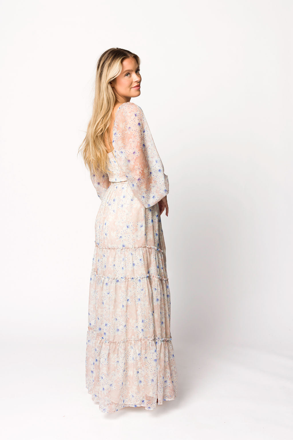 Bump Friendly Daphne Long Sleeve Maxi Dress - Floral Maternity Dress in Beige & Blue, Inclusive Sizing XS to 3XL | Perfect for Pregnancy, Nursing, and Special Occasions