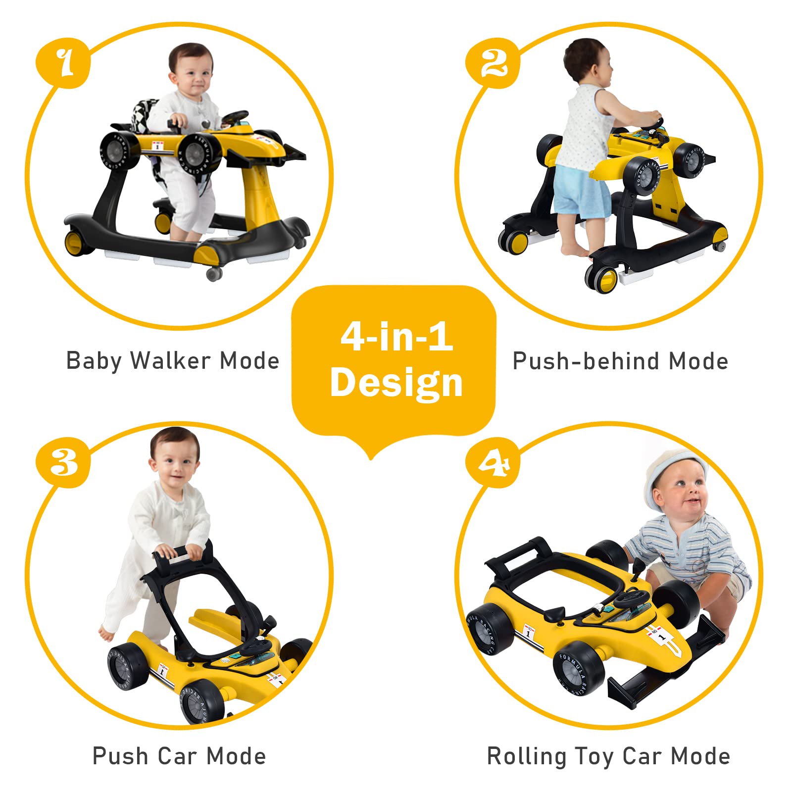 BABY JOY 4-in-1 Foldable Baby Walker with Adjustable Height & Speed - Interactive Music, LED Lights, Anti-Rollover Safety Design - Toddler Push Walker with Wheels for Boys & Girls 6-18 Months (Yellow) - Perfect for Learning to Walk, Indoor Play & Early Childhood Development