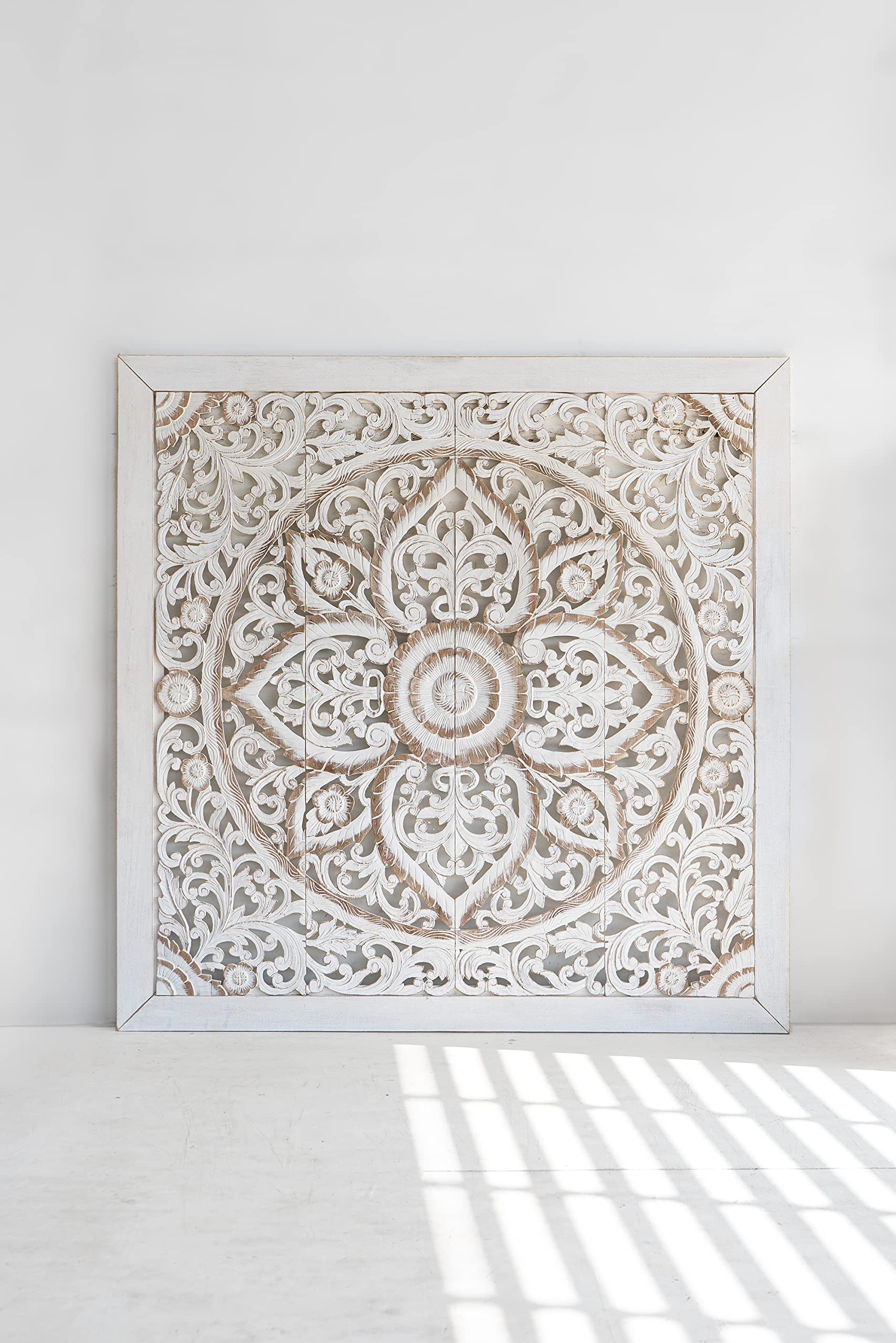 80-inch Super King Size Carved Wooden Headboard with Mandala Design - Wall Mounted Rustic Barn Finish in Weathered Brown - Perfect for Bedroom Decor, Farmhouse Style Homes & Bohemian Interiors