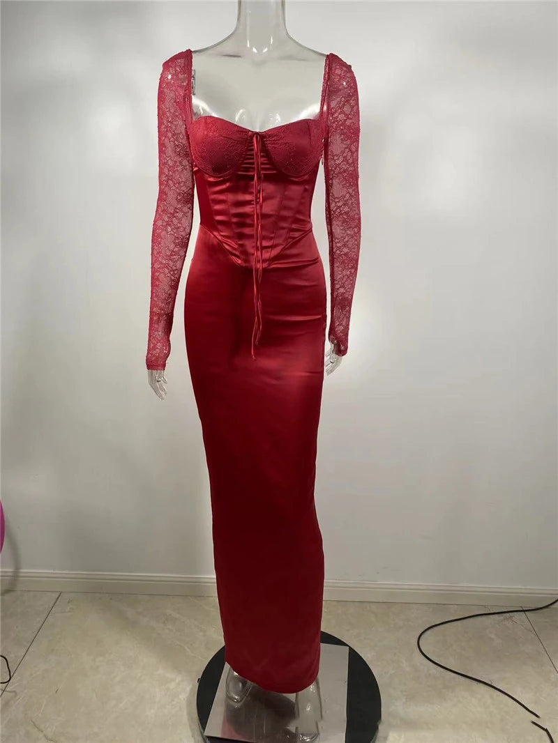 Sexy Backless Long Sleeve Maxi Dress for Women - Solid Square Neck Lace-Up Back Bodycon Club Dress with High Slit | Elegant Evening Wear for Parties, Date Nights & Special Occasions