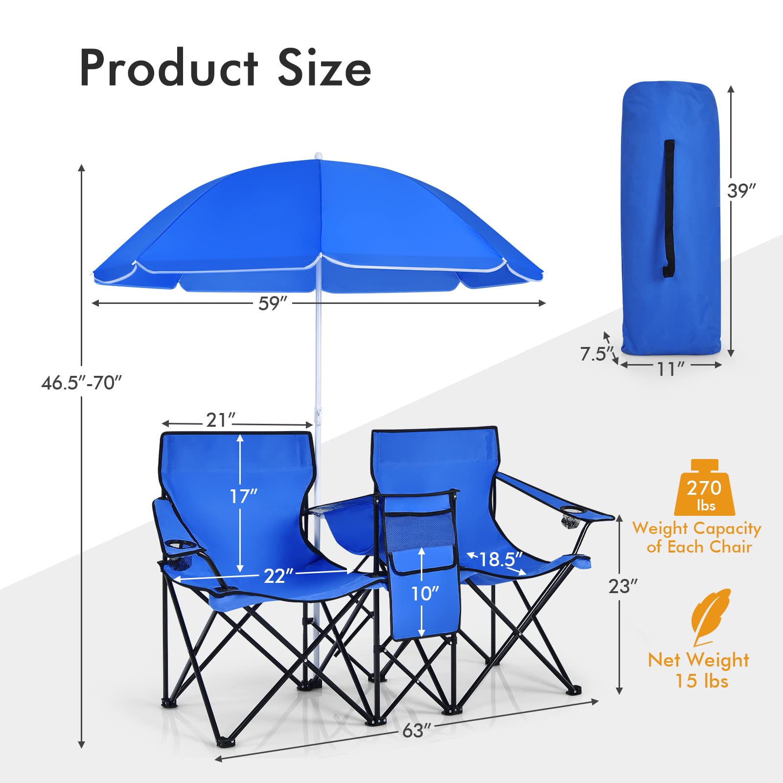 **LUARANE Folding Double Camping Chair with Removable Umbrella & Mini Table - Portable Outdoor Loveseat for Picnics, Beach, Pool, Park, and Backyard - Includes Cup Holder & Carrying Bag (Blue)**    **Perfect for Couples, Beach Lounging, Camping Trips, and Outdoor Gatherings!**