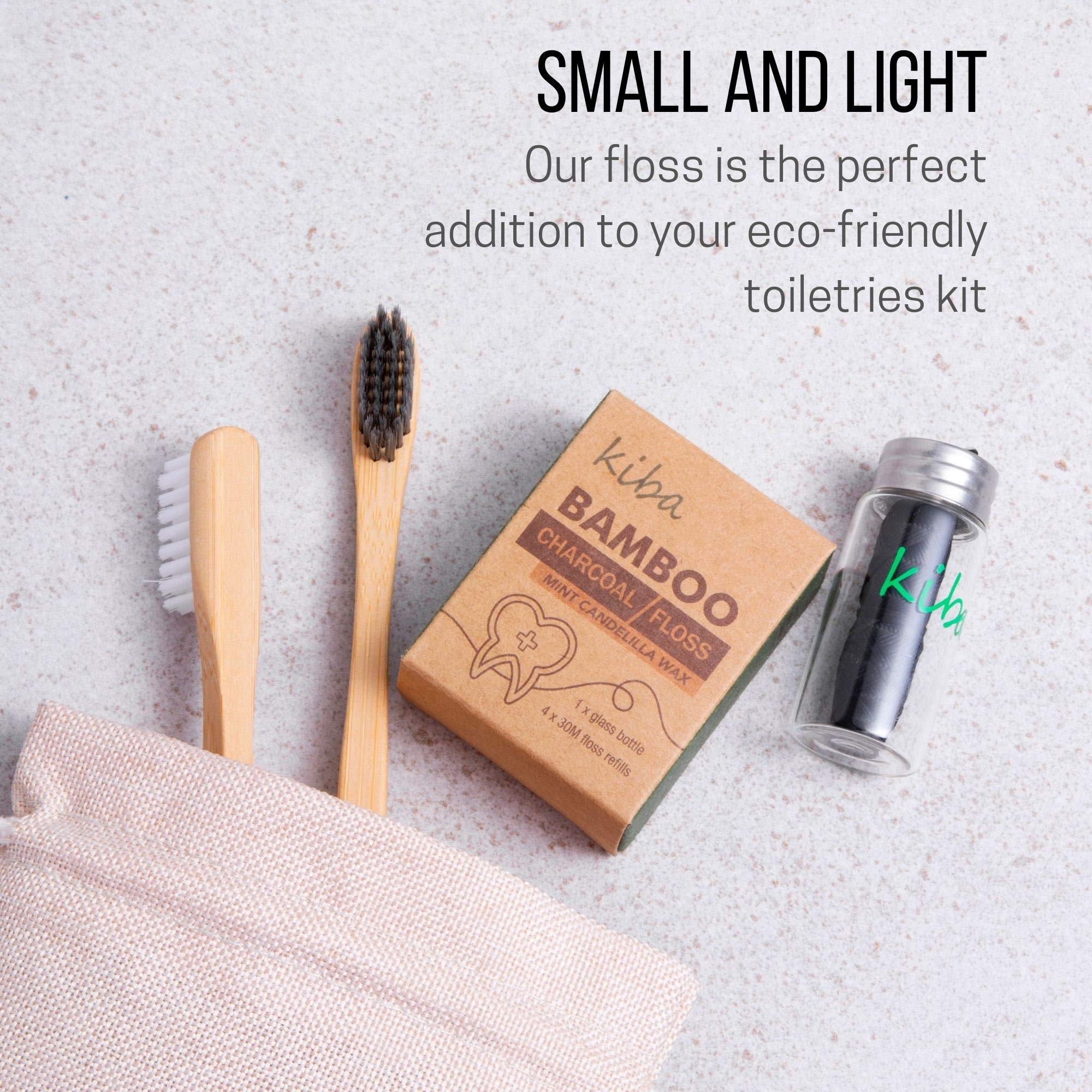 Kiba Bamboo Charcoal Dental Floss with Reusable Glass Container - 5pc Eco-Friendly Kit (1 Glass Holder + 4x30m Refills) - Mint Flavored, Vegan, Candelilla Wax - Perfect for Travel & Zero-Waste Oral Care
