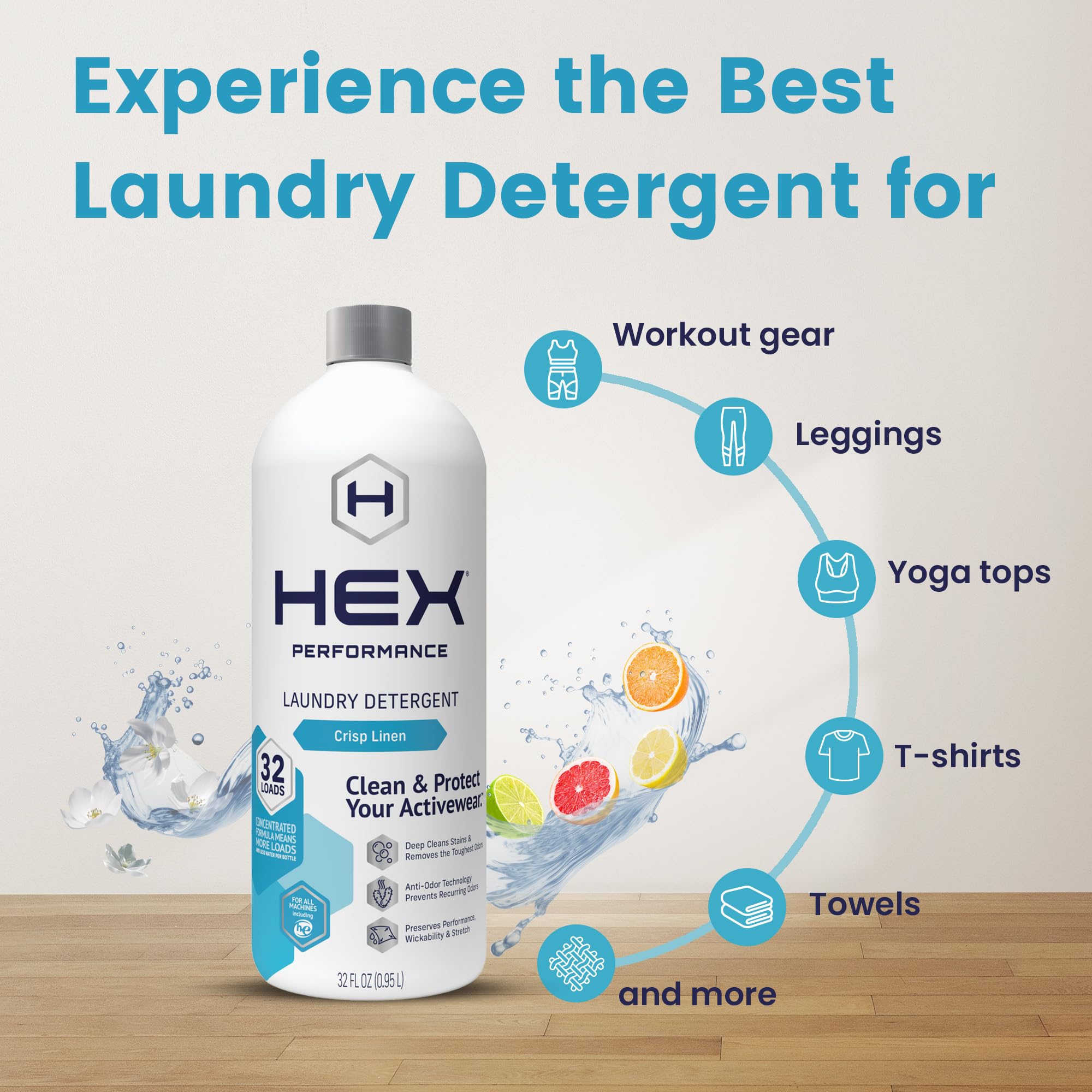 HEX Performance Laundry Detergent for Activewear - Crisp Linen Scent, 64 Loads (Pack of 2) | Concentrated Eco-Friendly Liquid Detergent for Gym Clothes, Workout Gear & Sports Apparel | Perfect for Athletes & Active Lifestyles
