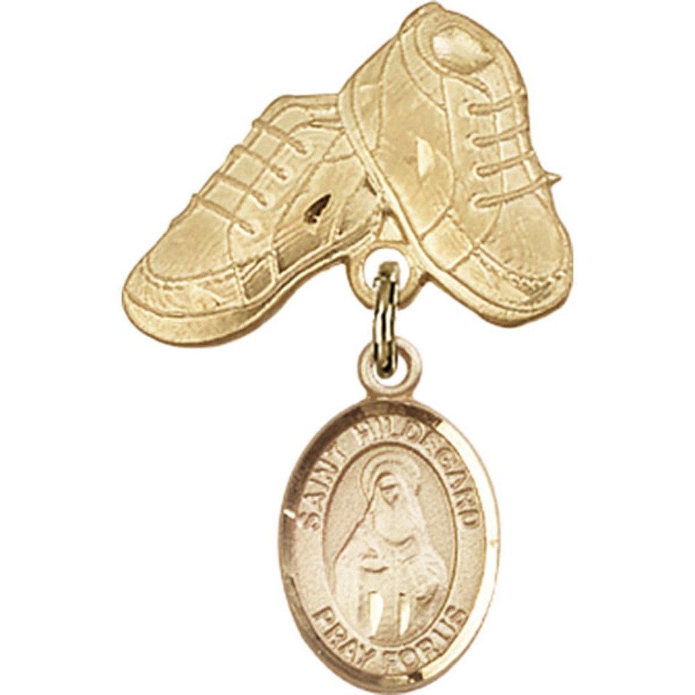 Gold Filled Baby Badge with St. Hildegard Von Bingen Charm & Baby Boots Pin - 1 X 5/8 Inch - Perfect for Christening Gifts, Baby Showers & Keepsake Jewelry