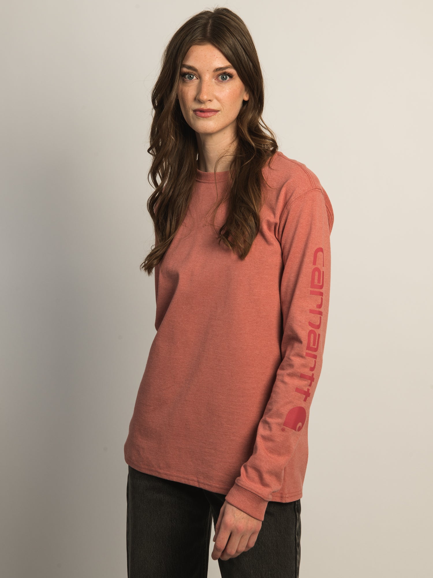 Carhartt Men's Long Sleeve Logo T-Shirt - Rose Pink Cotton Crewneck Tee for Work, Casual Wear & Outdoor Activities
