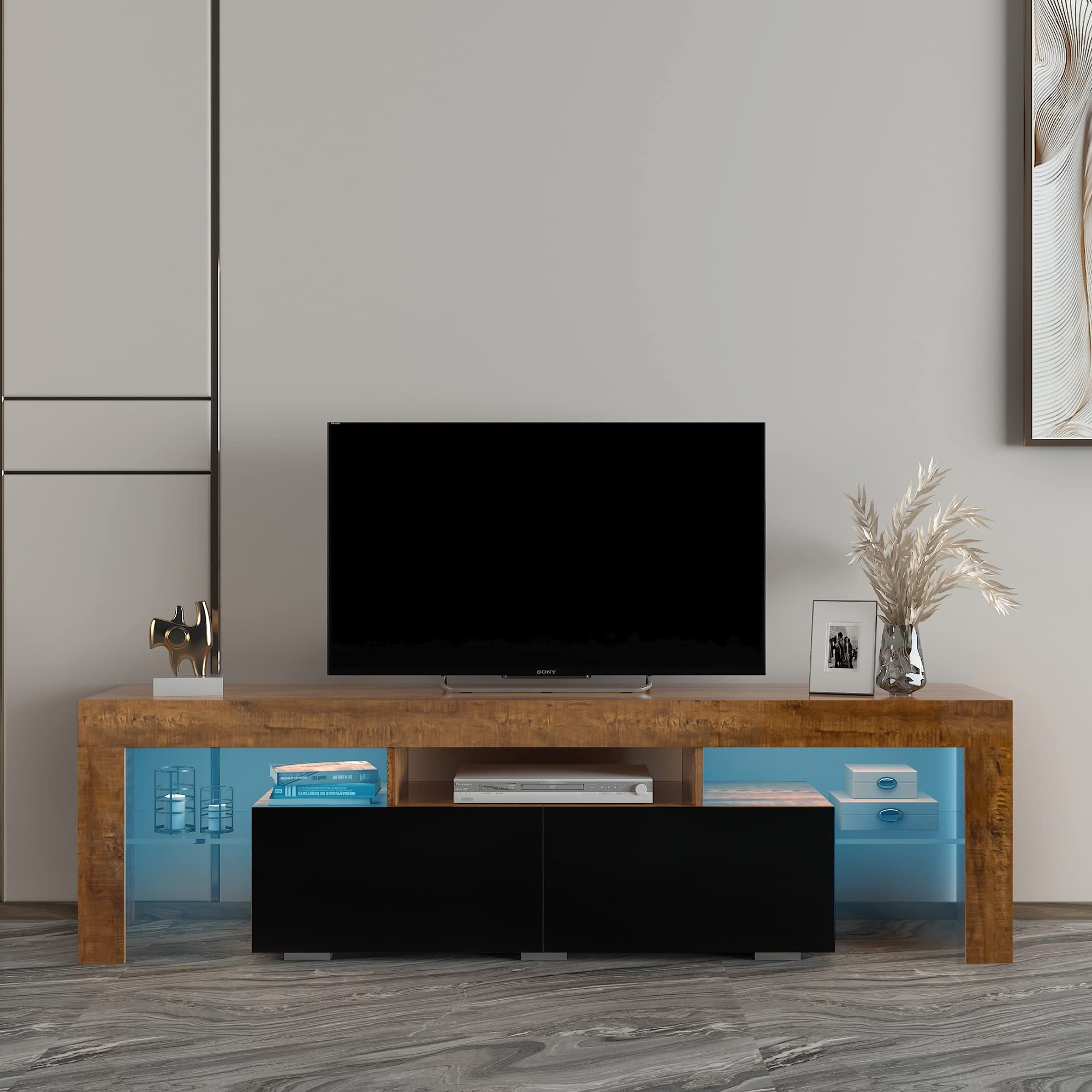Modern Walnut & Black TV Stand Cabinet for Living Room - Stylish Entertainment Center with Storage Shelves, Perfect for Flat Screen TVs & Media Organization