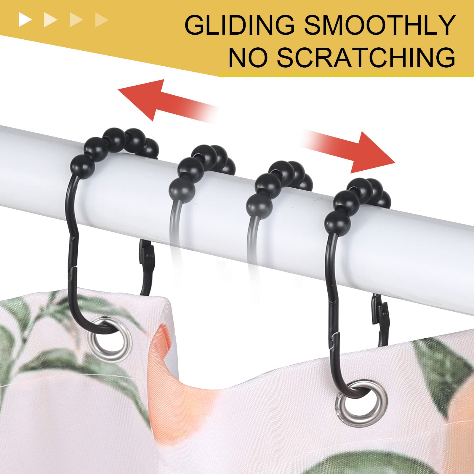 SUTINE 12PCS Stainless Steel Shower Curtain Hooks with Snap Closure - Rustproof Matte Black Roller Glide Rings for Bathroom, Shower Rod & Curtain - Perfect for Home, Hotel, and Apartment Bathroom Decor
