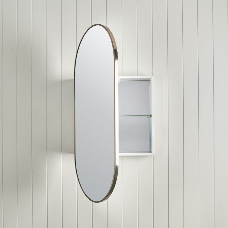 Modern Oval Mirror Cabinet with Warm Brushed Nickel Finish - Perfect for Bathroom Vanity, Bedroom Decor, and Entryway Organization