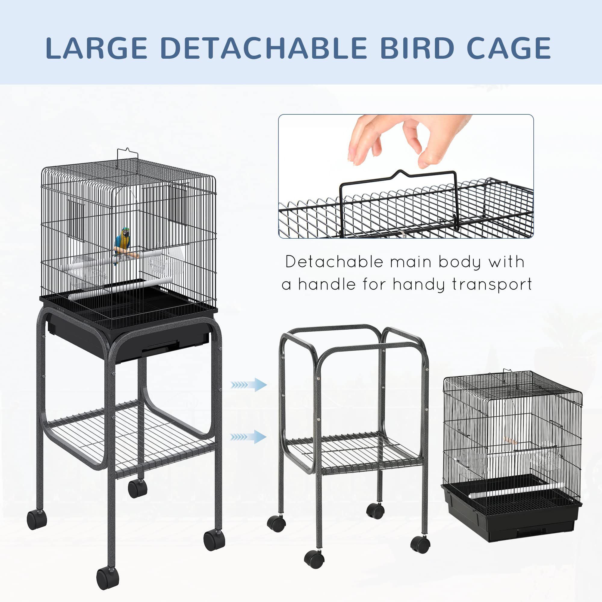 Pawhut 45-inch Black Metal Indoor Bird Cage - Large Parrot Cage with Detachable Rolling Stand, Storage Basket & Accessories | Perfect for Cockatiels, Parakeets & Small Birds - Home & Aviary Use