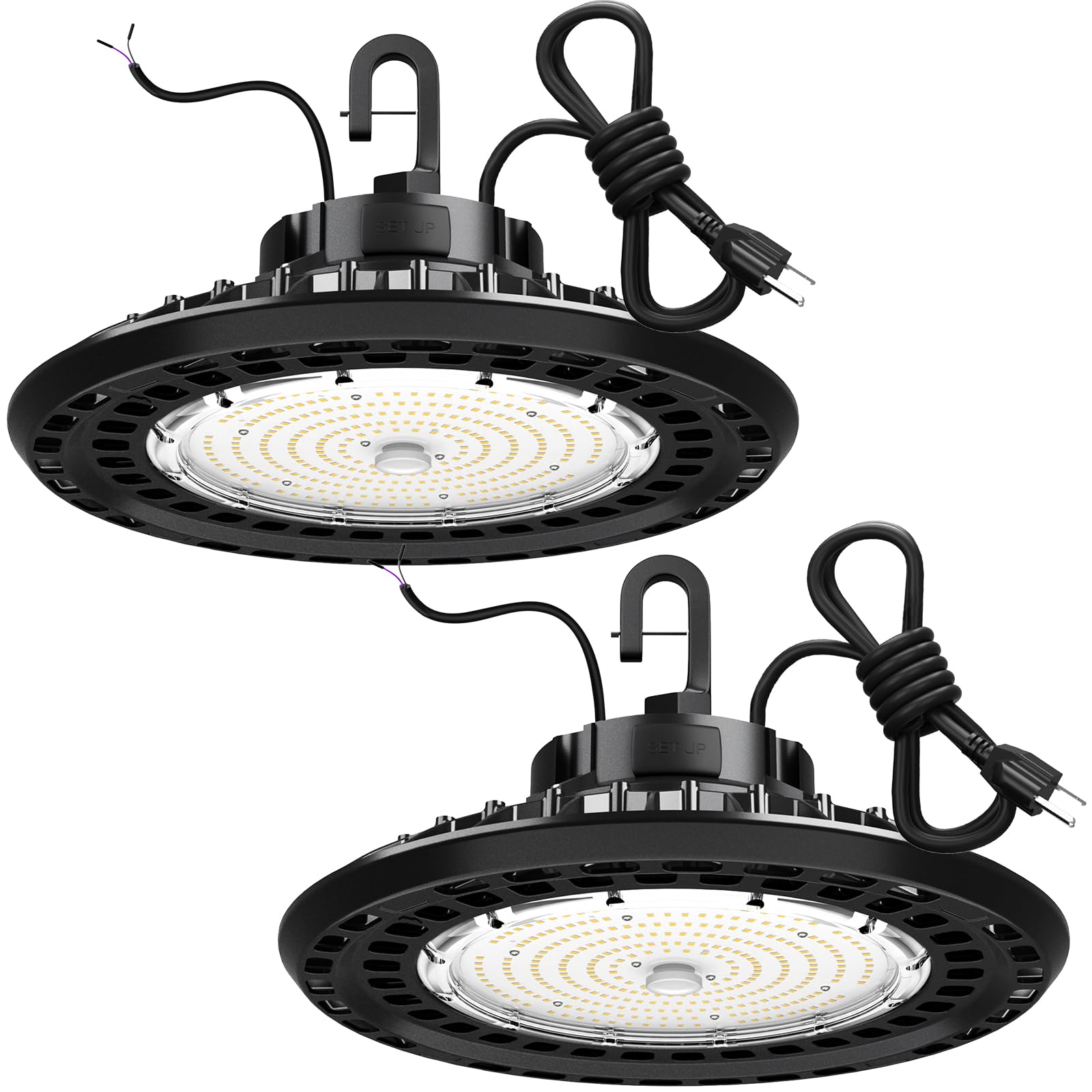 150W 2-Pack Super Bright UFO High Bay LED Lights - 22500LM 5000K Daylight White - 0-10V Dimmable with 5' US Plug - 100-277V Wide Voltage - UL Listed - Perfect for Warehouses, Workshops, Barns & Industrial Spaces