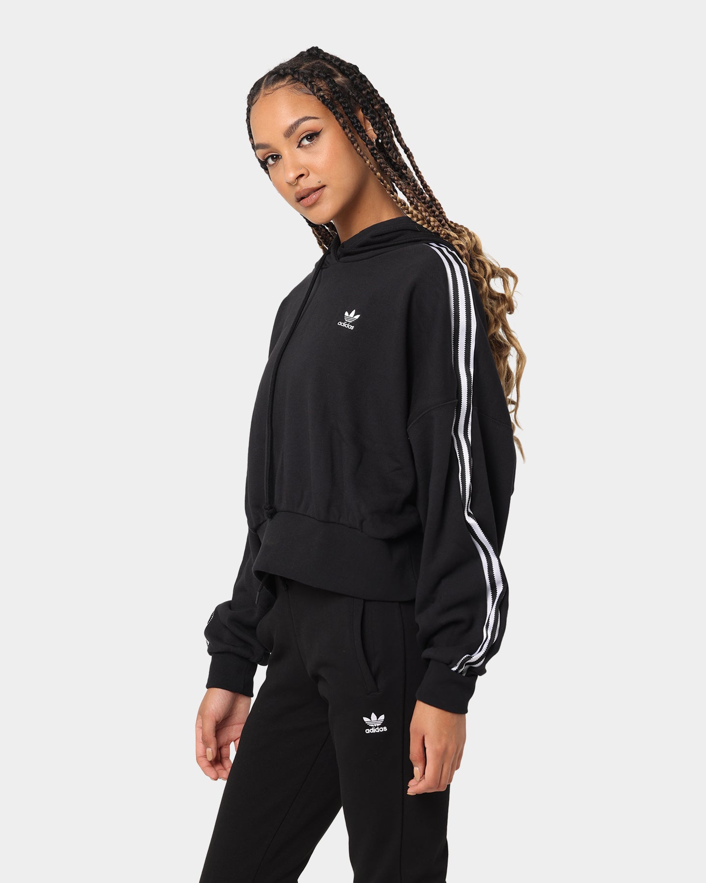 Adidas Women's Satin Stripe Hoodie - Black Pullover Sweatshirt for Casual Wear, Gym & Street Style Fashion