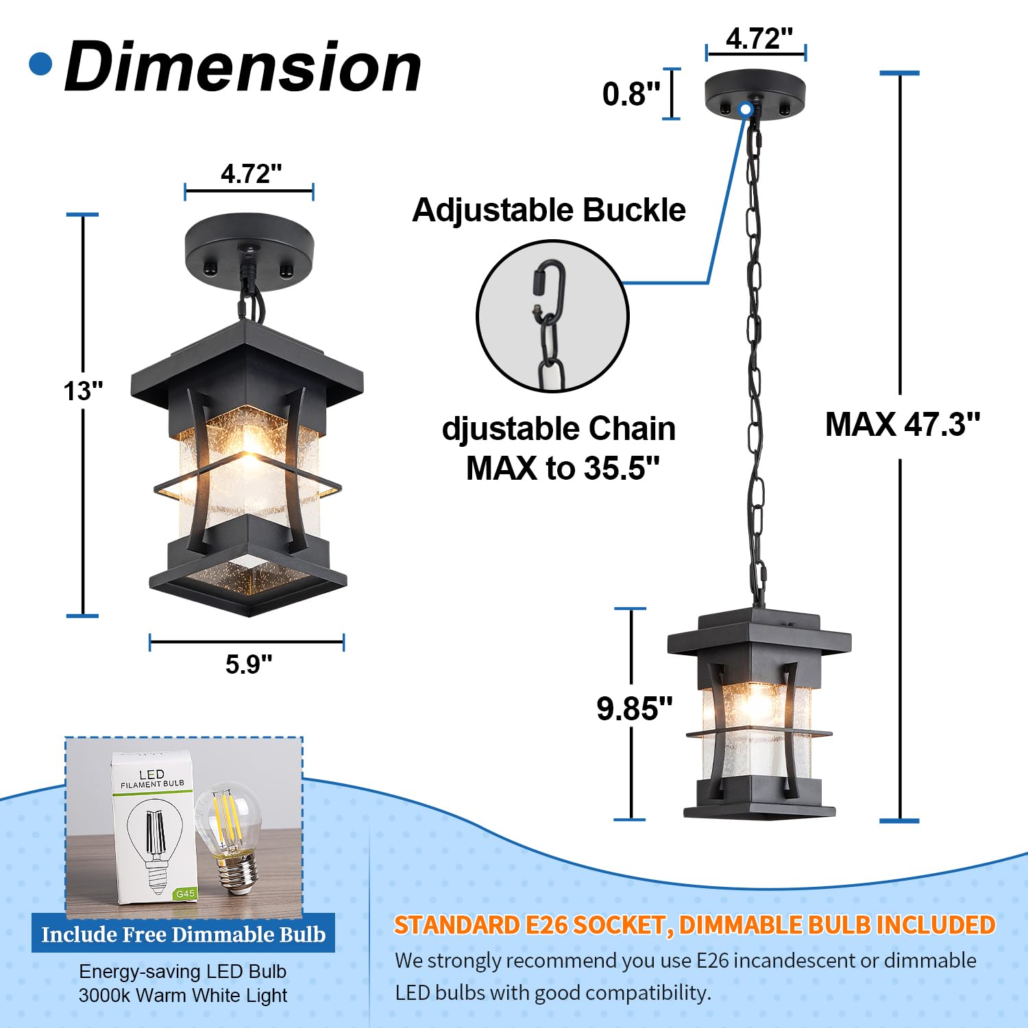 Motion Sensor Outdoor Pendant Light with Dusk to Dawn Auto On/Off - Adjustable Chain Hanging Lantern in Black with Seeded Glass - Perfect for Patio, Front Porch, Garden, and House Exterior Lighting