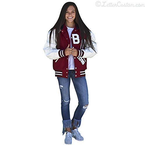Women's & Girls' Varsity Letterman Jacket - Genuine White Leather & Crimson Red Wool with Zipper Hood - USA Made - Perfect for School Sports, Cheerleading & Casual Winter Wear
