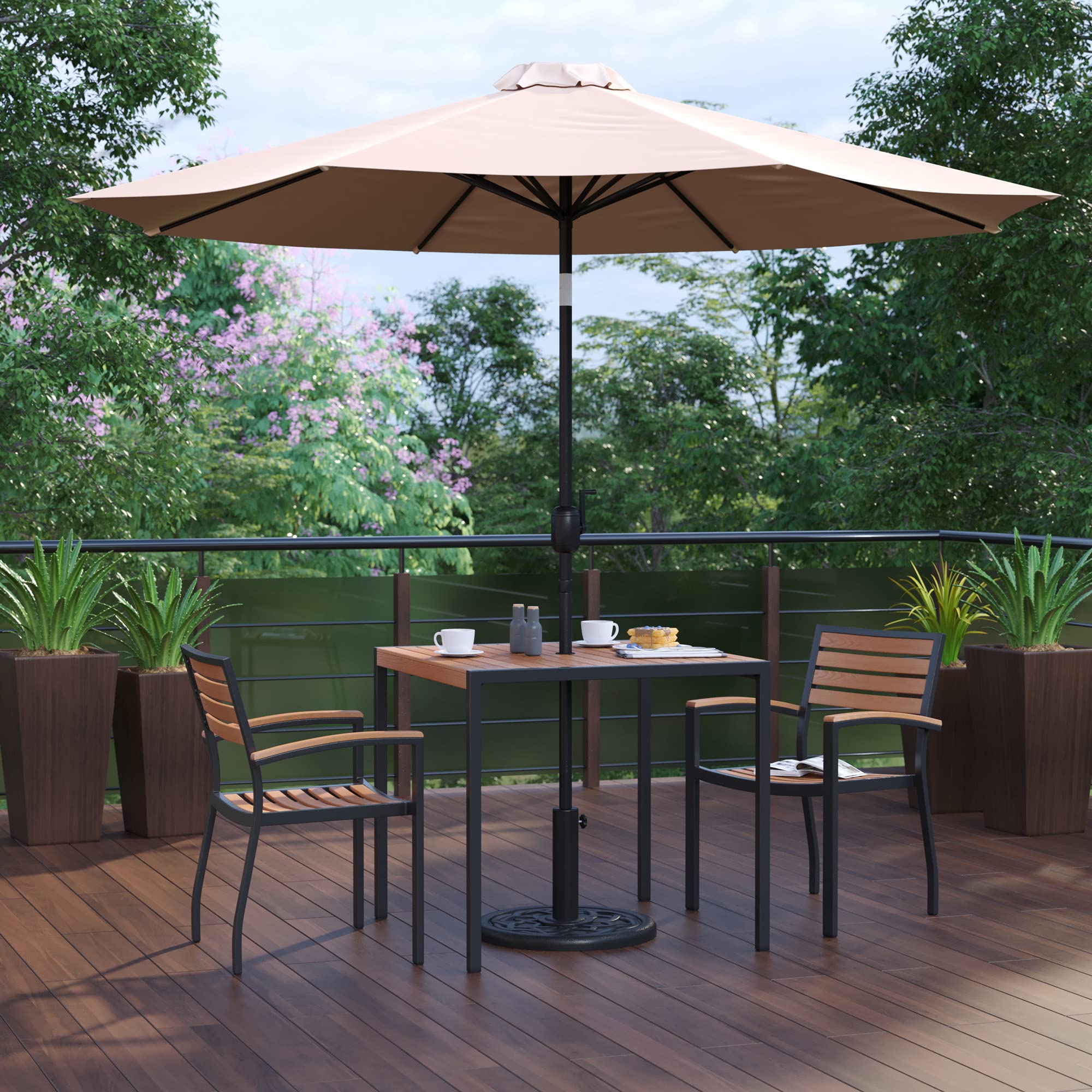 Flash Furniture 5-Piece Outdoor Patio Dining Set - 2 Stackable Synthetic Teak Arm Chairs & 35