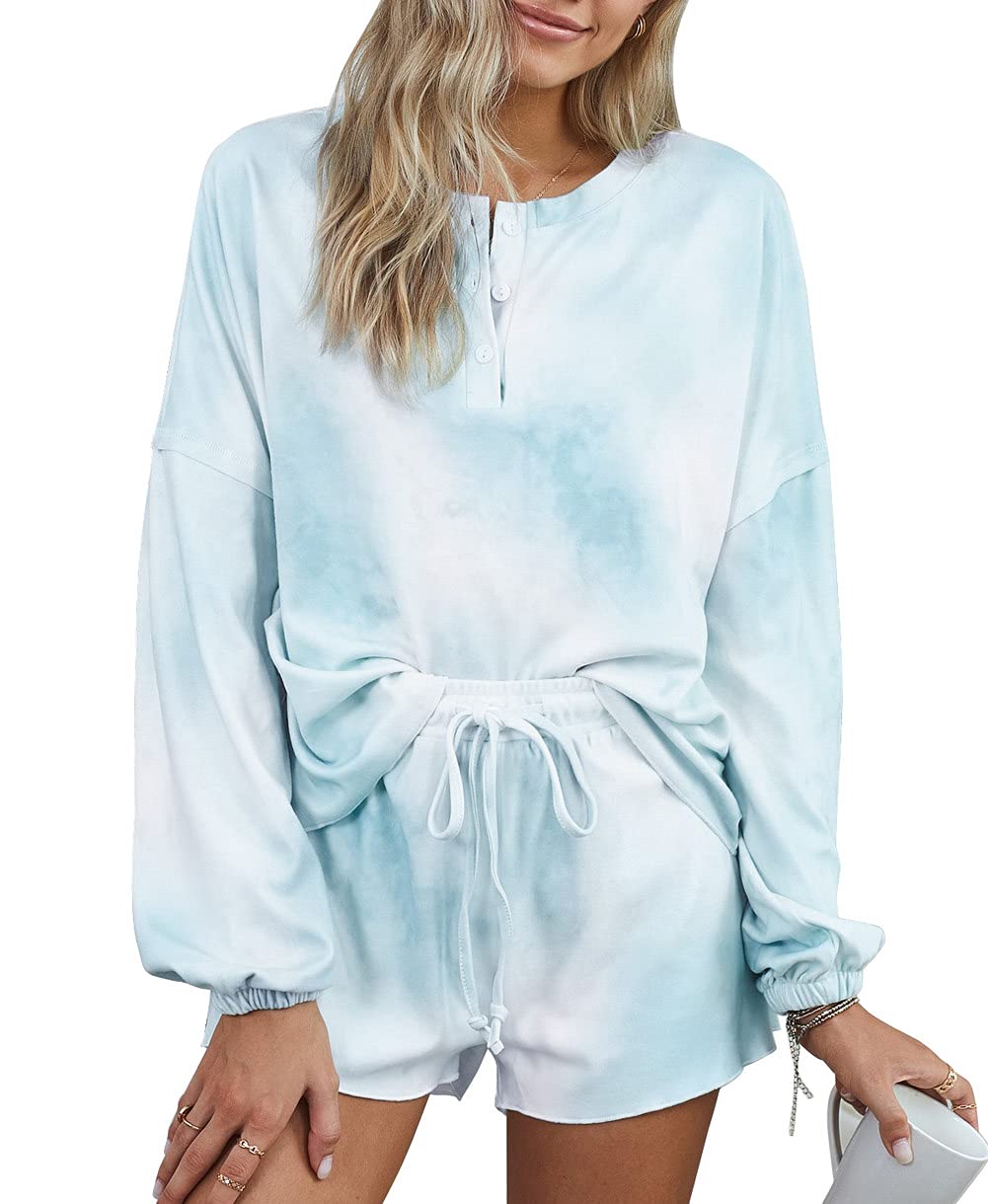 Dzyoleize Women's Tie Dye Floral Printed Pajama Set - Soft Long Sleeve Top & Shorts 2-Piece Sleepwear for Lounge & Sleep | Cozy Nightwear for Women, Perfect for Relaxing at Home, Sleepovers & Vacation