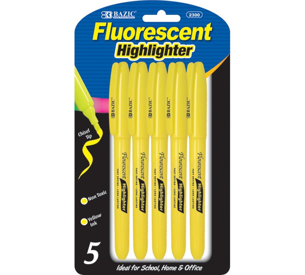 Bazic Pen Style Fluorescent Highlighter with Pocket Clip - 5 Pack (144 Case) - Bright Yellow for School, Office & Study Note-Taking