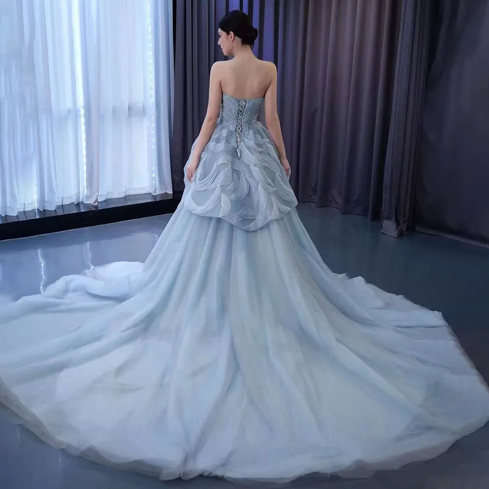Luxury Custom Gray Blue Beaded Lace-Up Ball Gown Wedding Dress HM231064 - Perfect for Bridal Ceremonies, Formal Events & Special Occasions
